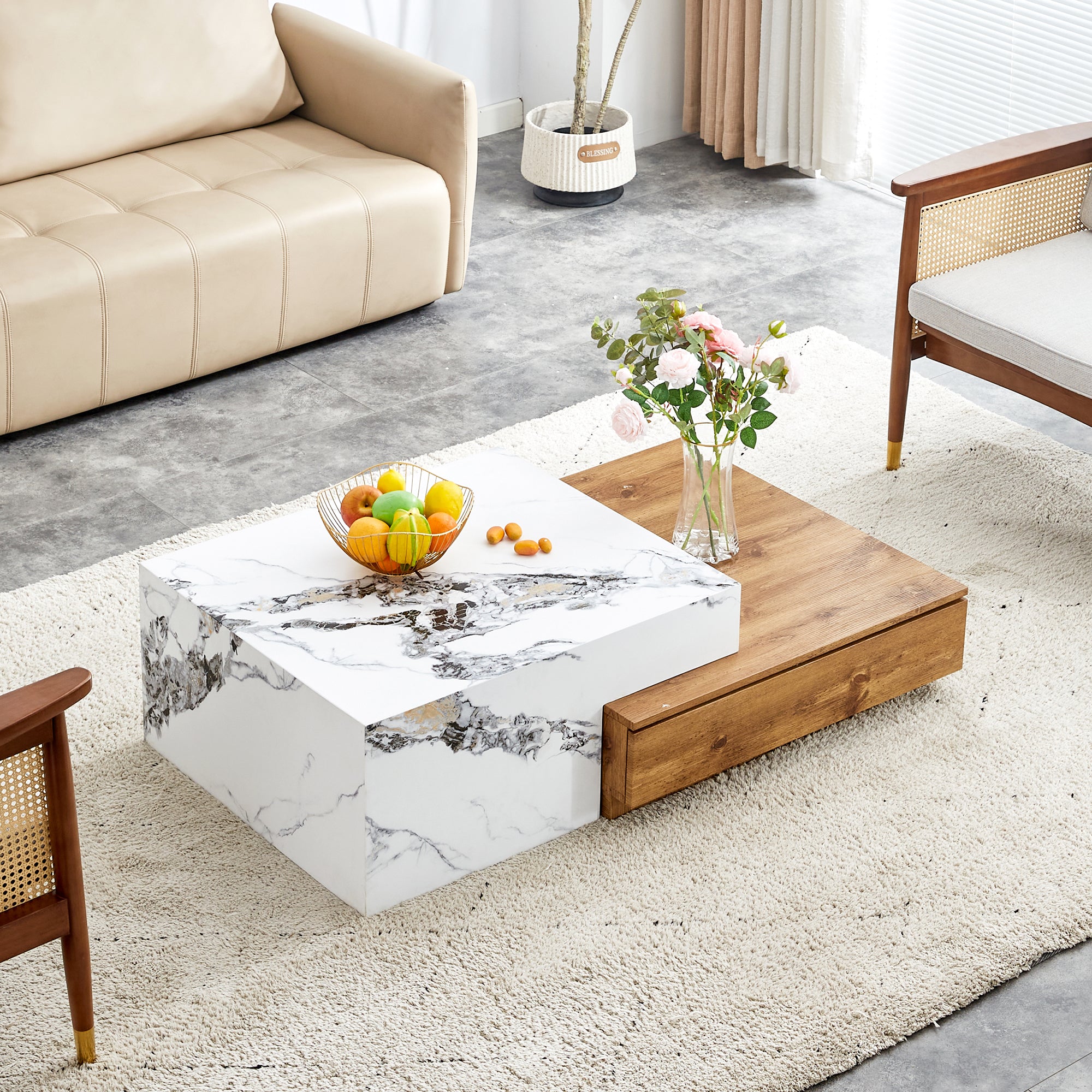 Wood Grain and Marble Rectangular Coffee Table with Fusion Cube Stylish Accent_1
