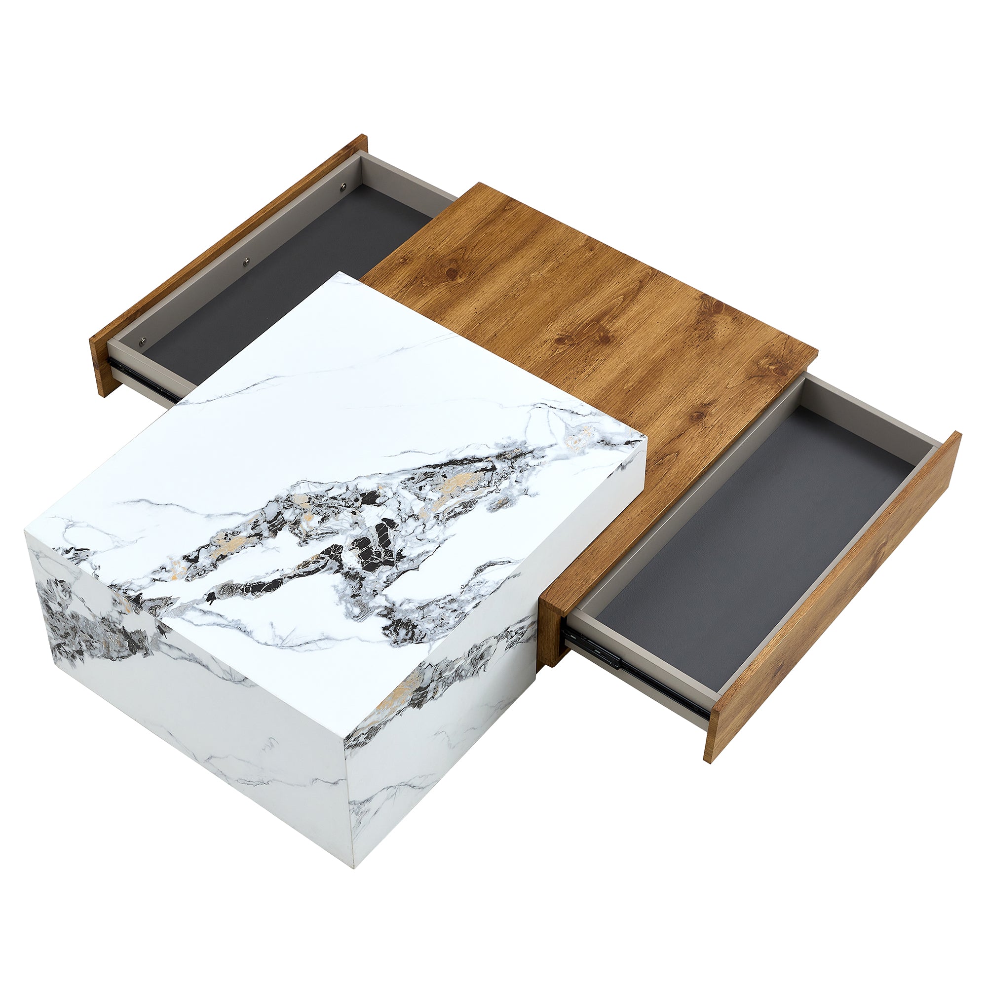 Wood Grain and Marble Rectangular Coffee Table with Fusion Cube Stylish Accent_17
