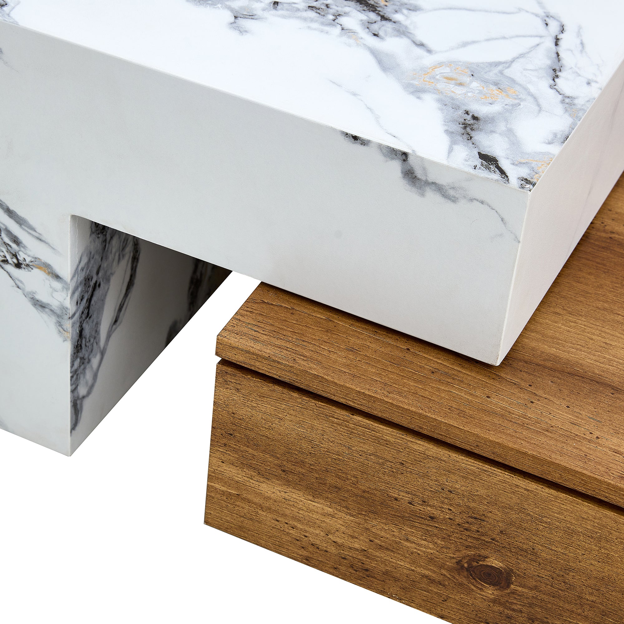 Wood Grain and Marble Rectangular Coffee Table with Fusion Cube Stylish Accent_11