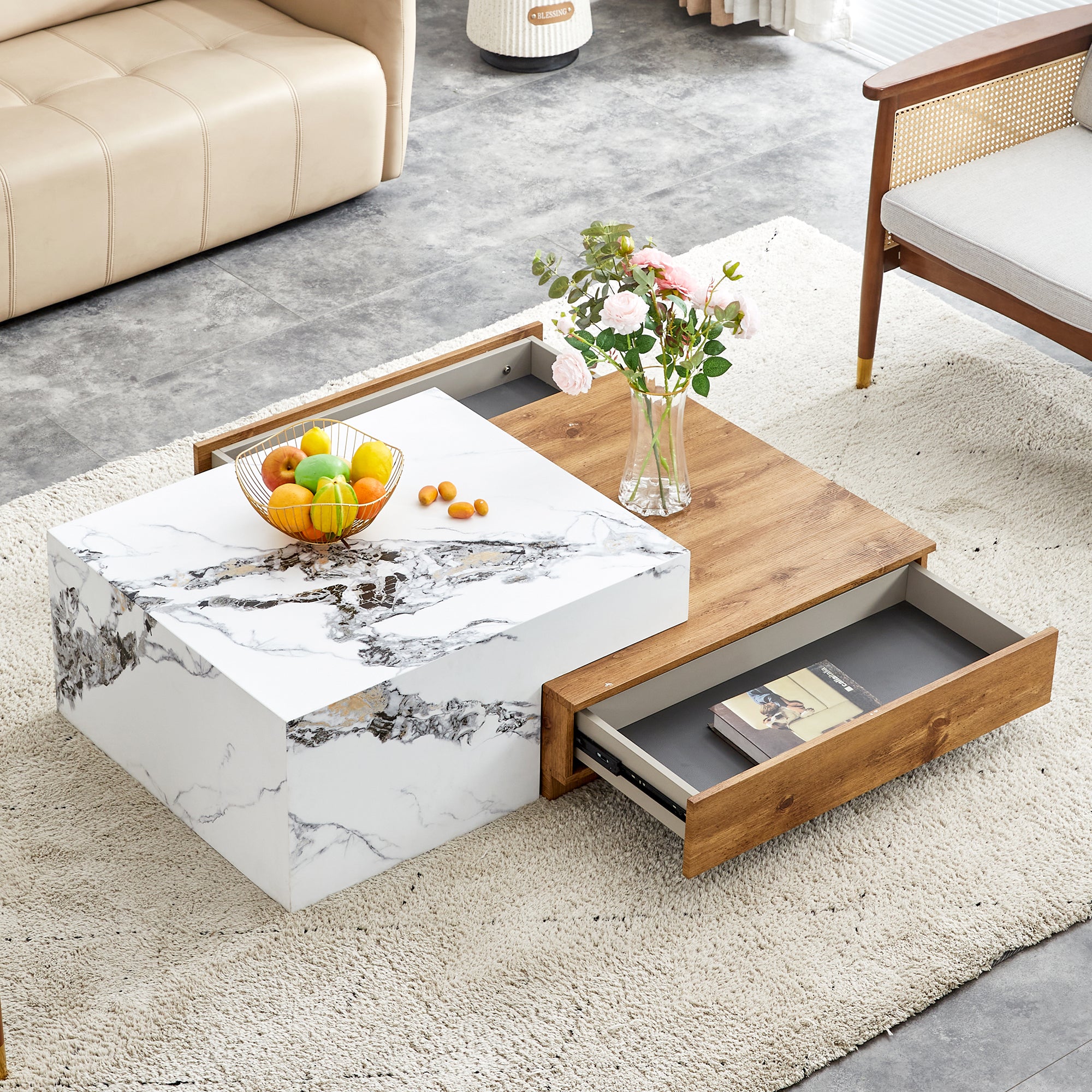 Wood Grain and Marble Rectangular Coffee Table with Fusion Cube Stylish Accent_3