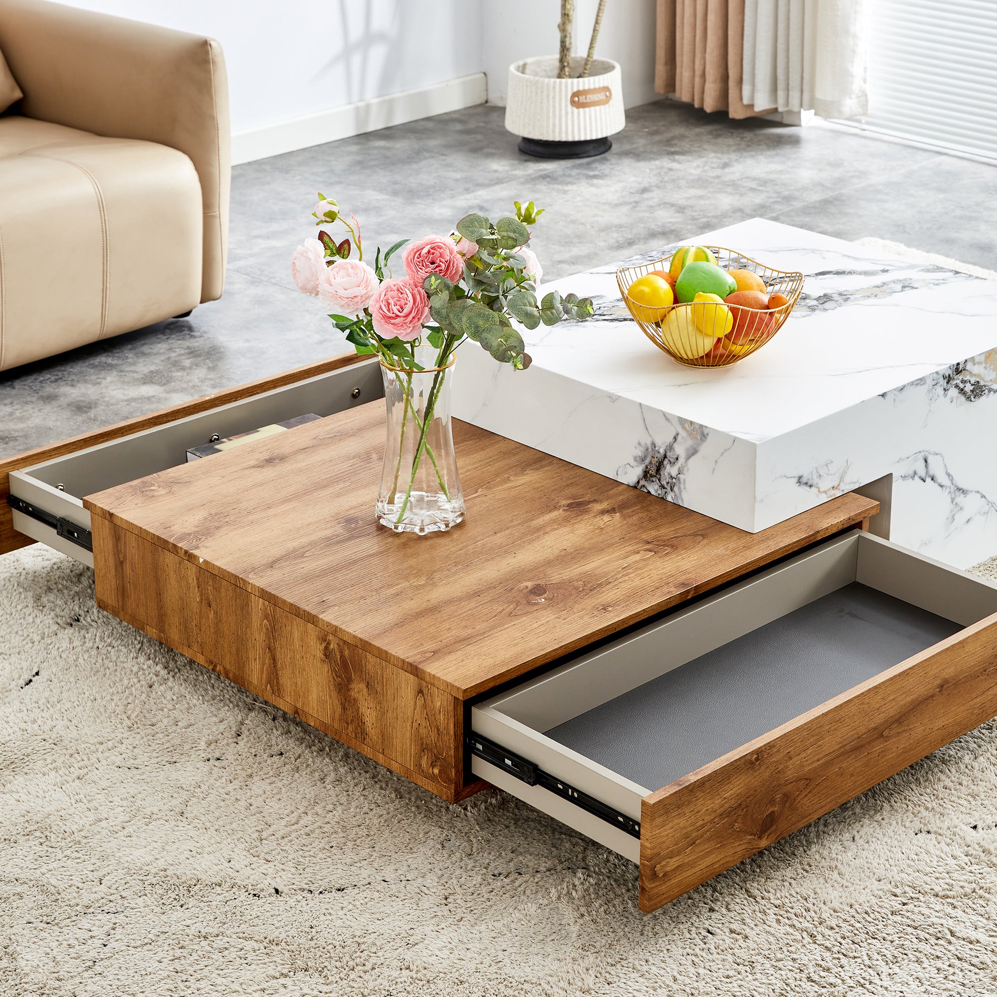 Wood Grain and Marble Rectangular Coffee Table with Fusion Cube Stylish Accent_7