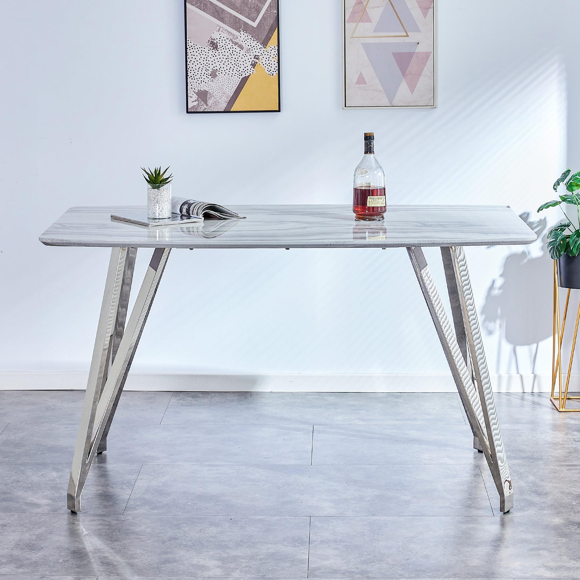 Modern Counter Height Rectangular Glass Dining Table with Silver Plated Legs_2