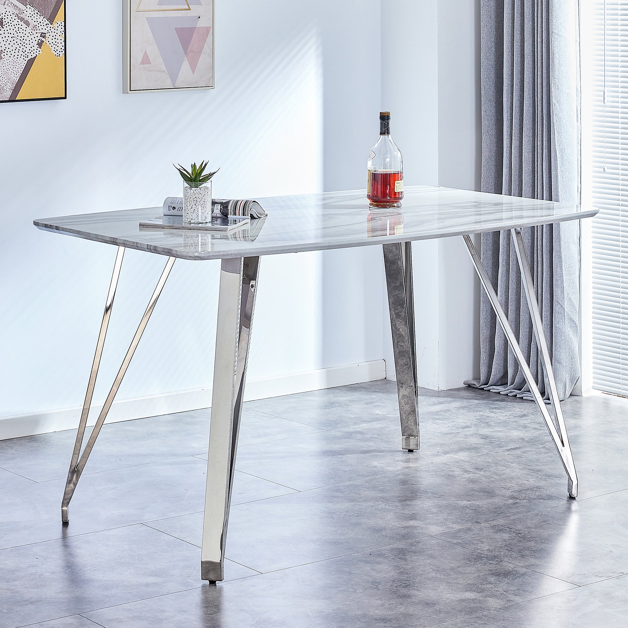 Modern Counter Height Rectangular Glass Dining Table with Silver Plated Legs_1