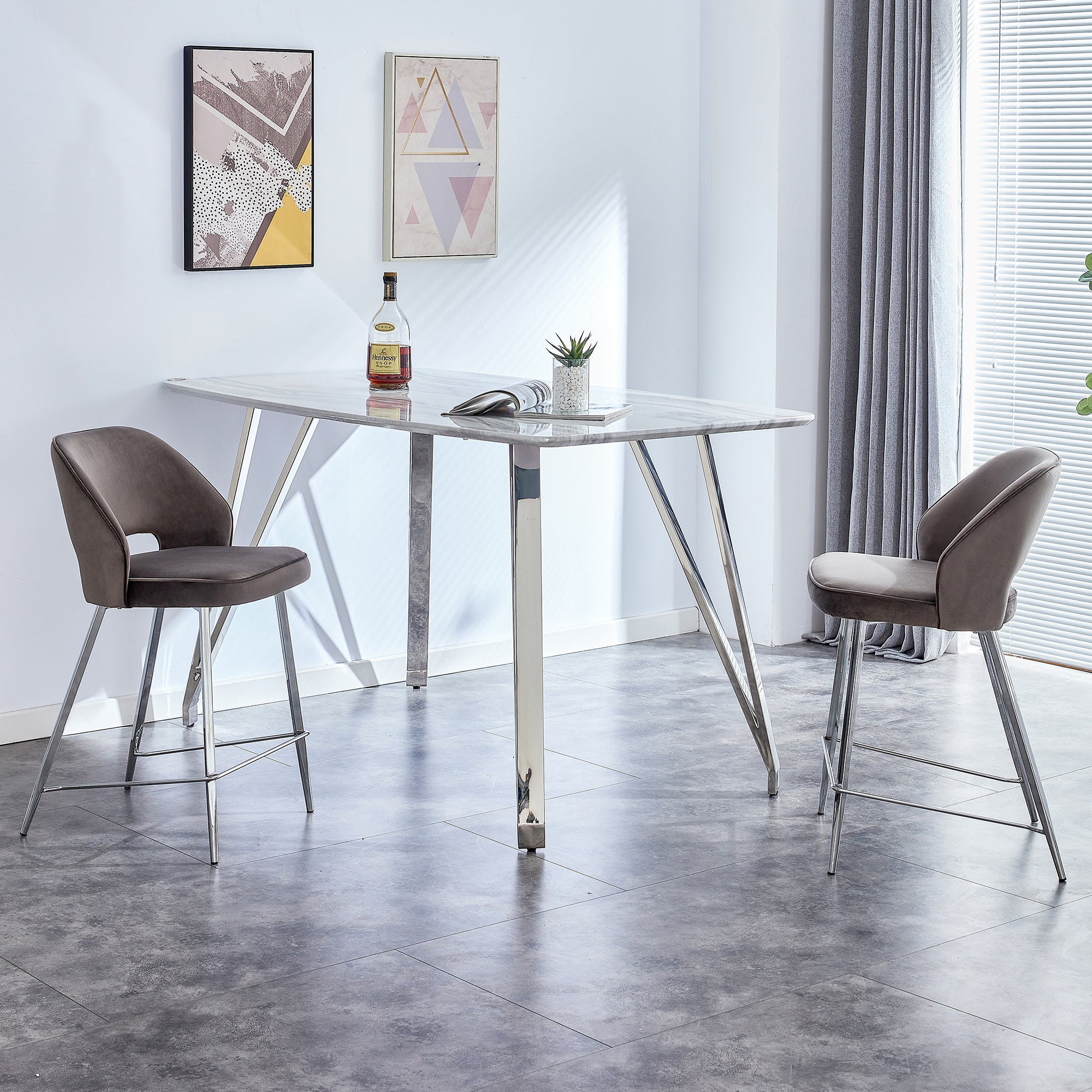 Modern Counter Height Rectangular Glass Dining Table with Silver Plated Legs_3