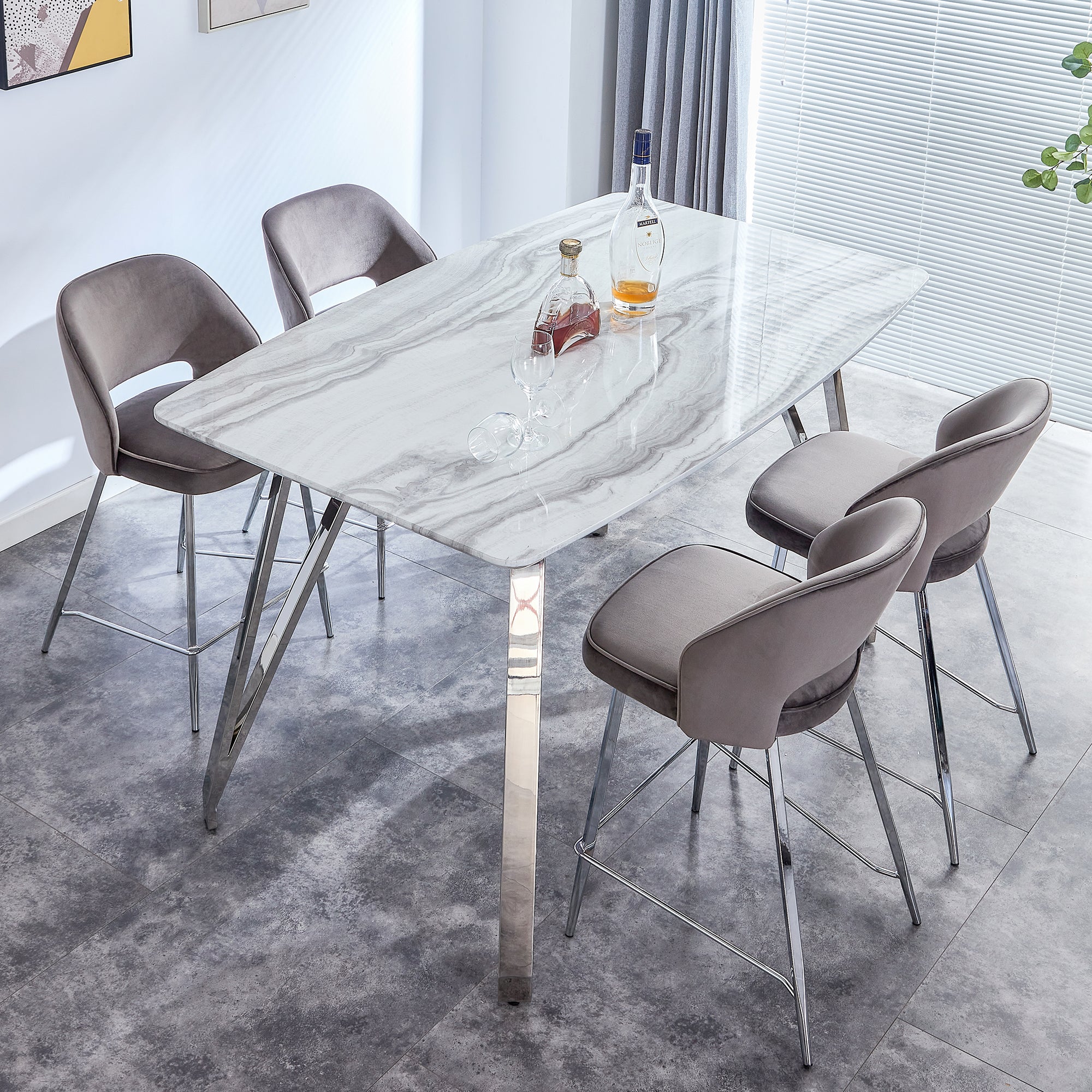 Modern Counter Height Rectangular Glass Dining Table with Silver Plated Legs_5