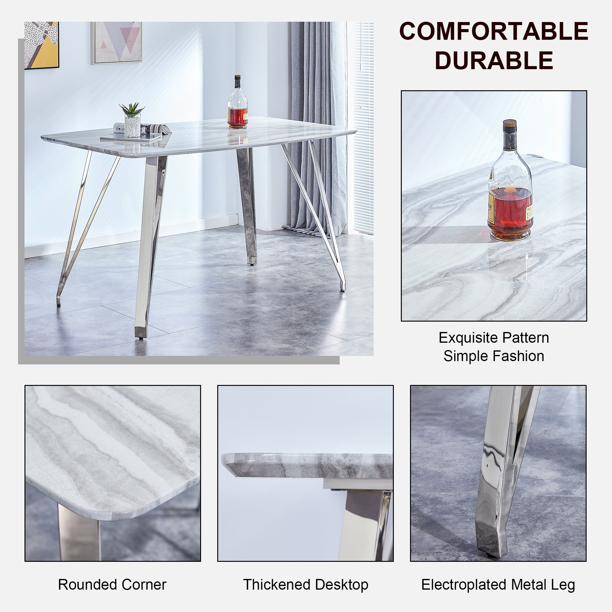 Modern Counter Height Rectangular Glass Dining Table with Silver Plated Legs_8