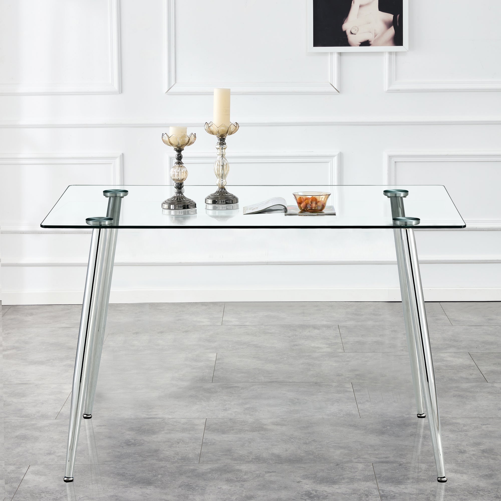 Glass Dining table and Chair Set with 4 Grey Vertical Lined Dining Chairs and 1 Dining Table_6