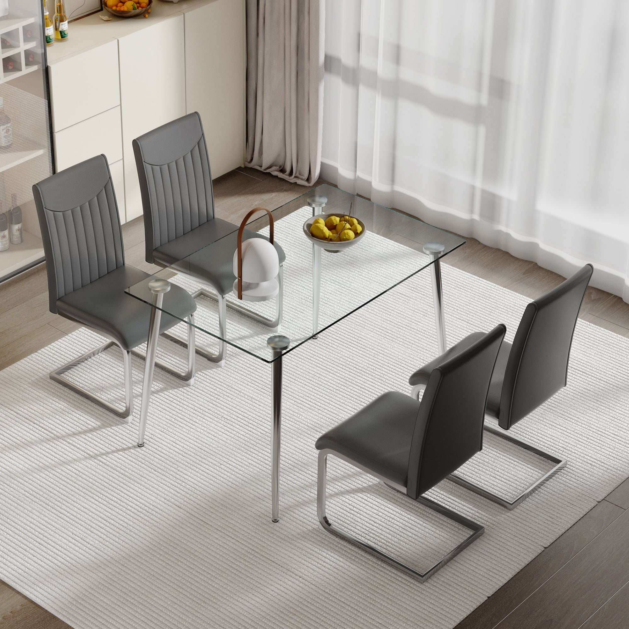 Glass Dining table and Chair Set with 4 Grey Vertical Lined Dining Chairs and 1 Dining Table_0