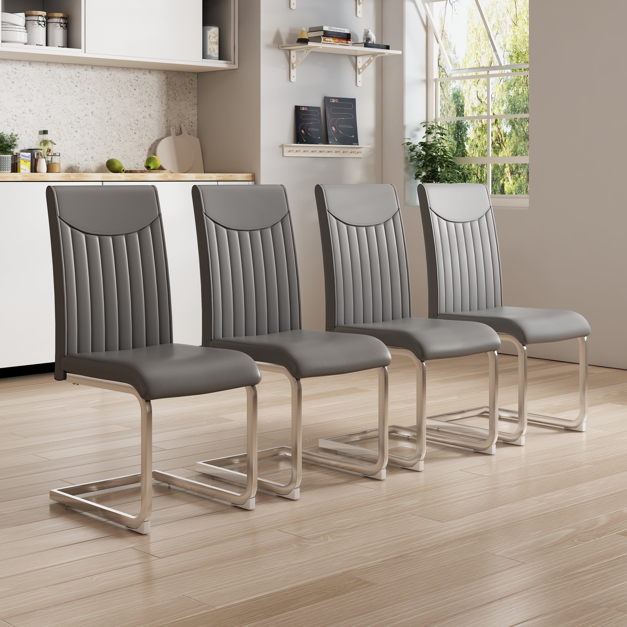 Glass Dining table and Chair Set with 4 Grey Vertical Lined Dining Chairs and 1 Dining Table_4