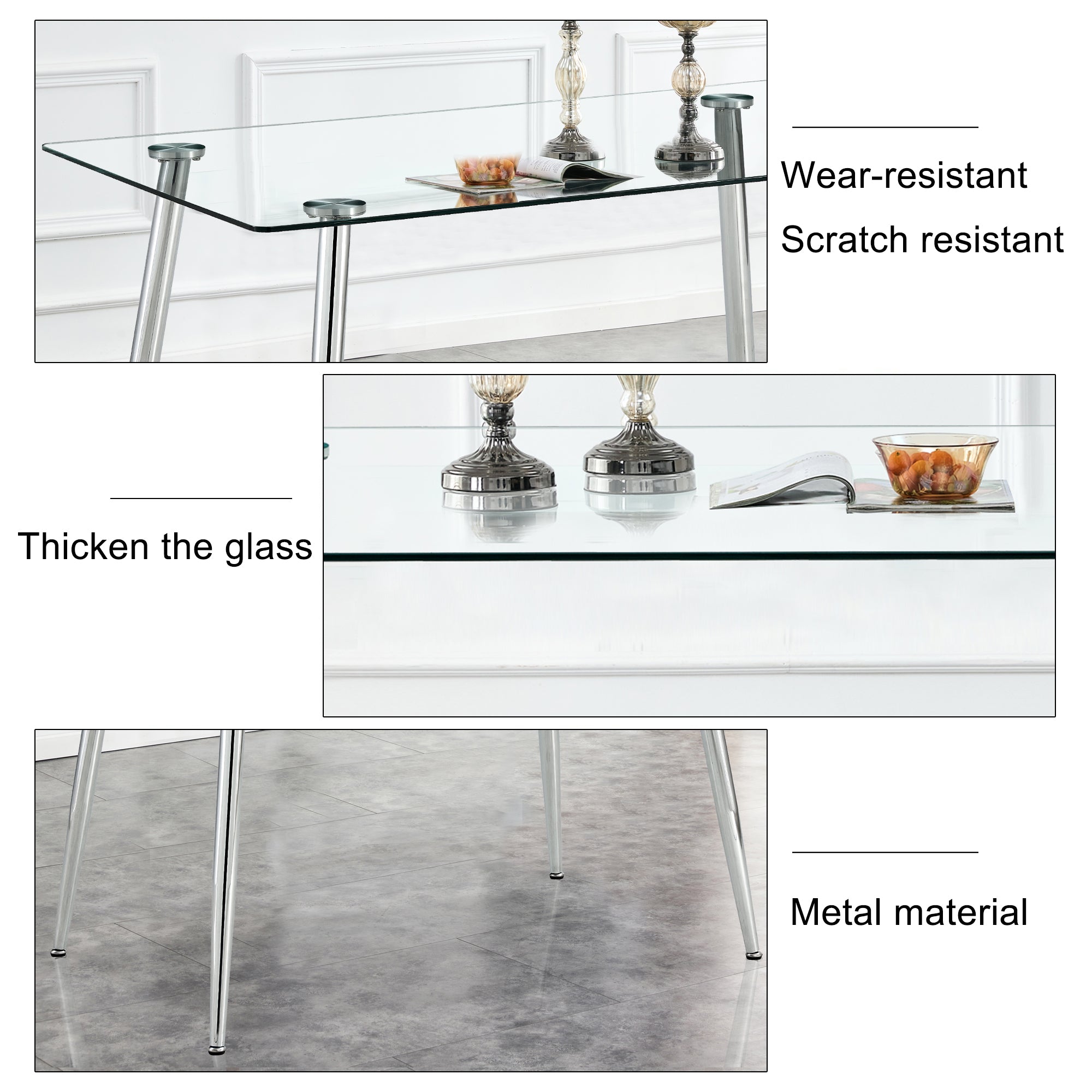 Glass Dining table and Chair Set with 4 Grey Vertical Lined Dining Chairs and 1 Dining Table_11