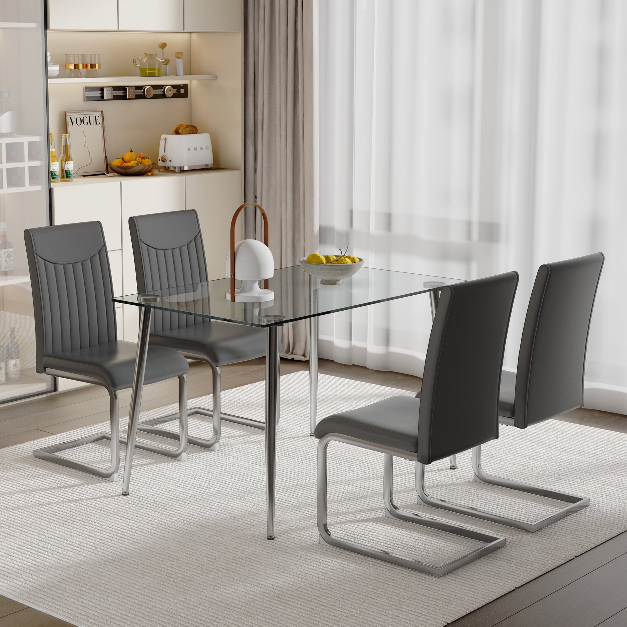 Glass Dining table and Chair Set with 4 Grey Vertical Lined Dining Chairs and 1 Dining Table_2
