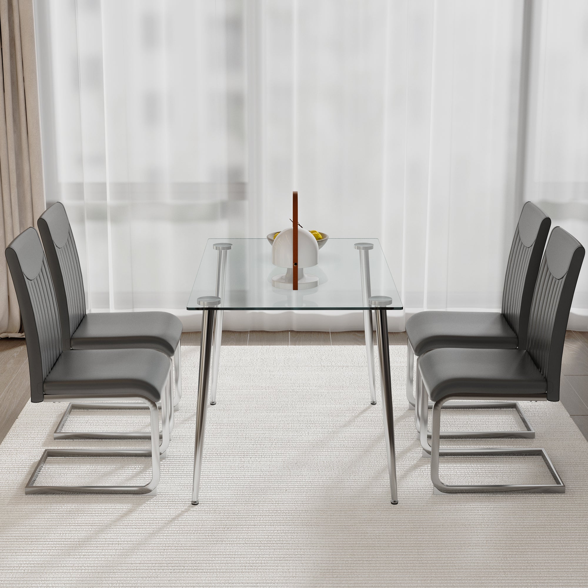 Glass Dining table and Chair Set with 4 Grey Vertical Lined Dining Chairs and 1 Dining Table_3