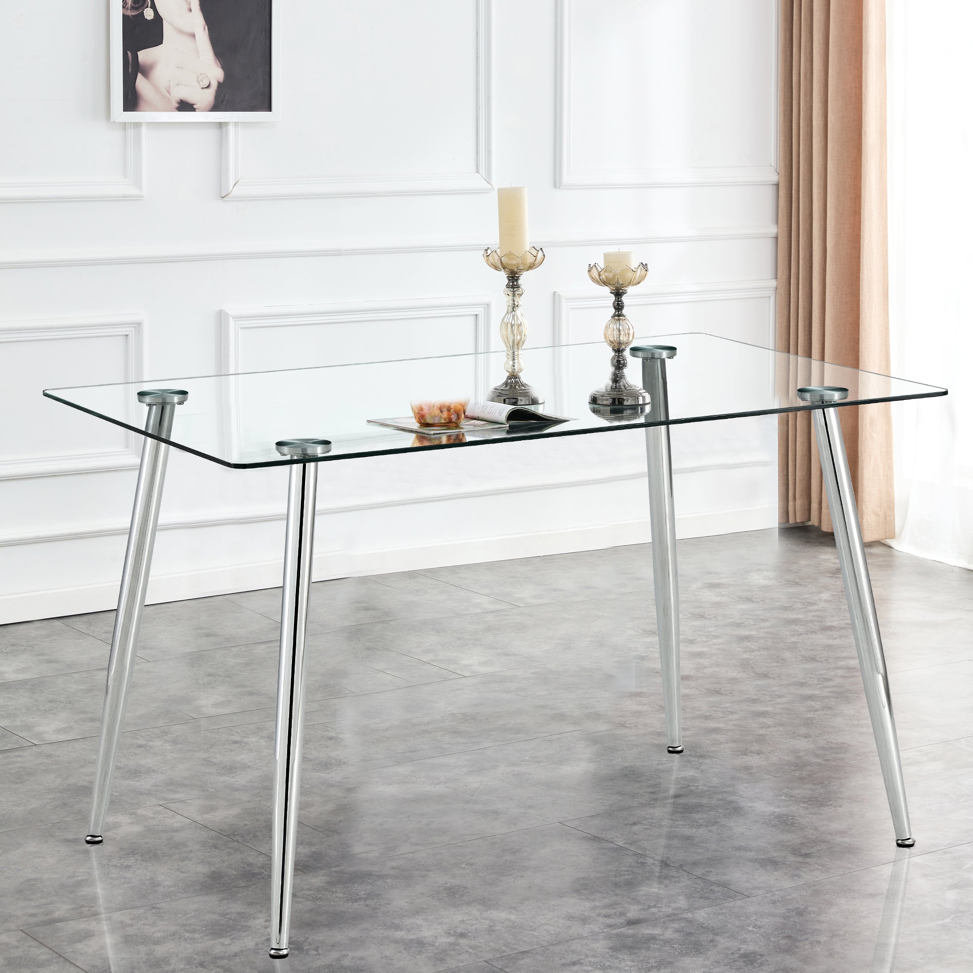 Glass Dining table and Chair Set with 4 Grey Vertical Lined Dining Chairs and 1 Dining Table_7