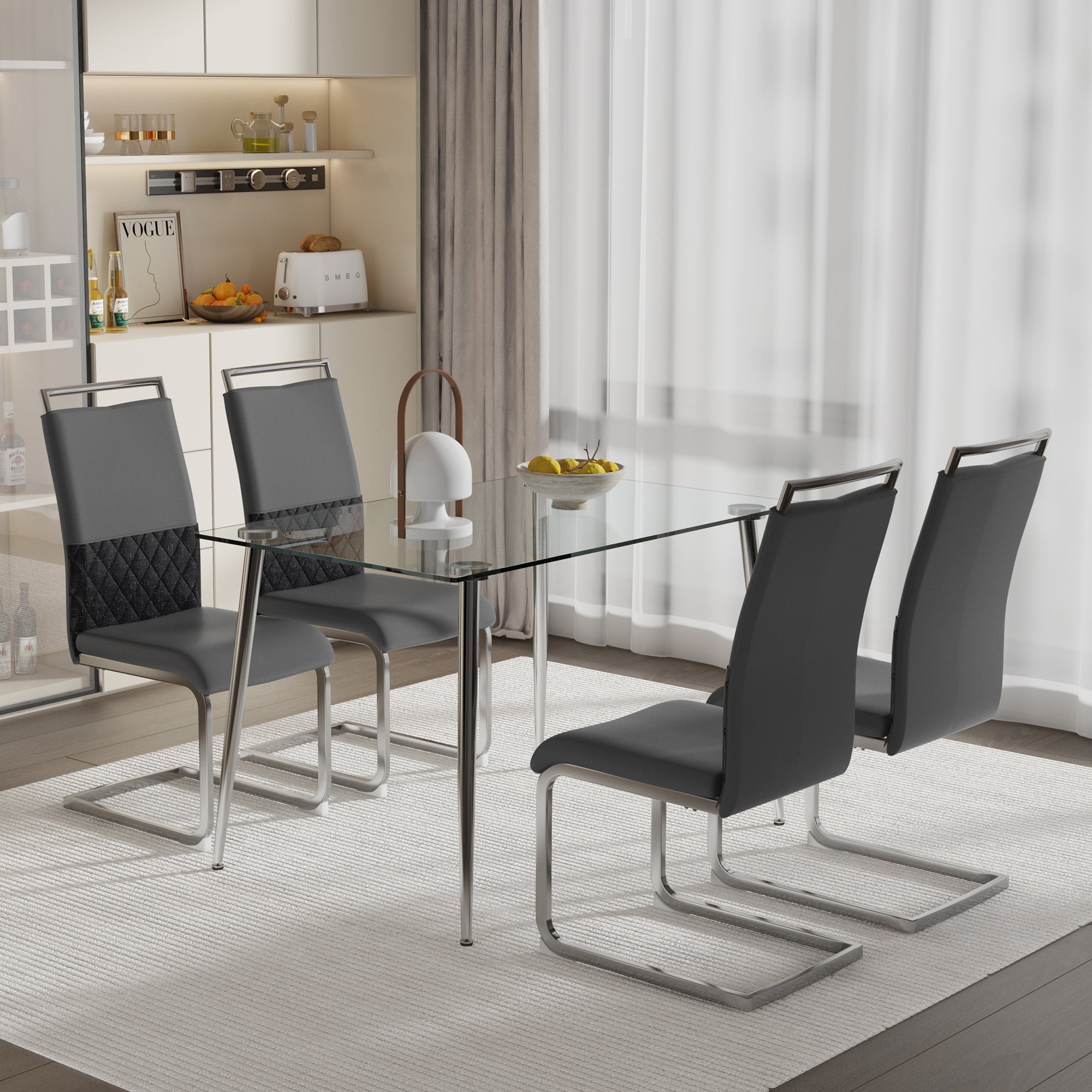Glass Dining table and Chair Set with 4 Grey Middle Grid Dining Chairs and 1 Dining Table_2