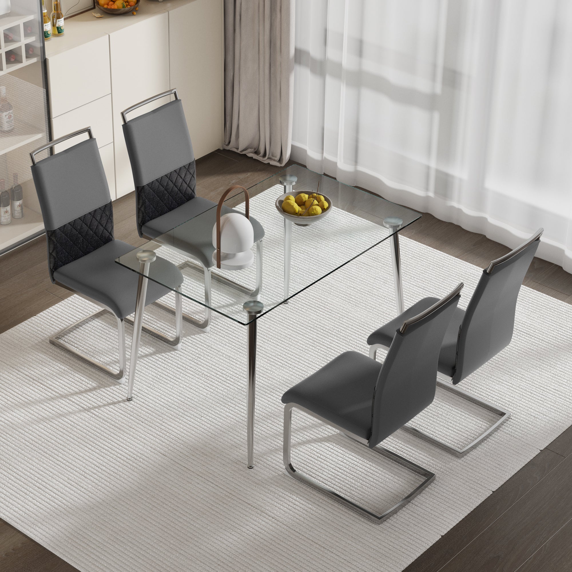 Glass Dining table and Chair Set with 4 Grey Middle Grid Dining Chairs and 1 Dining Table_1