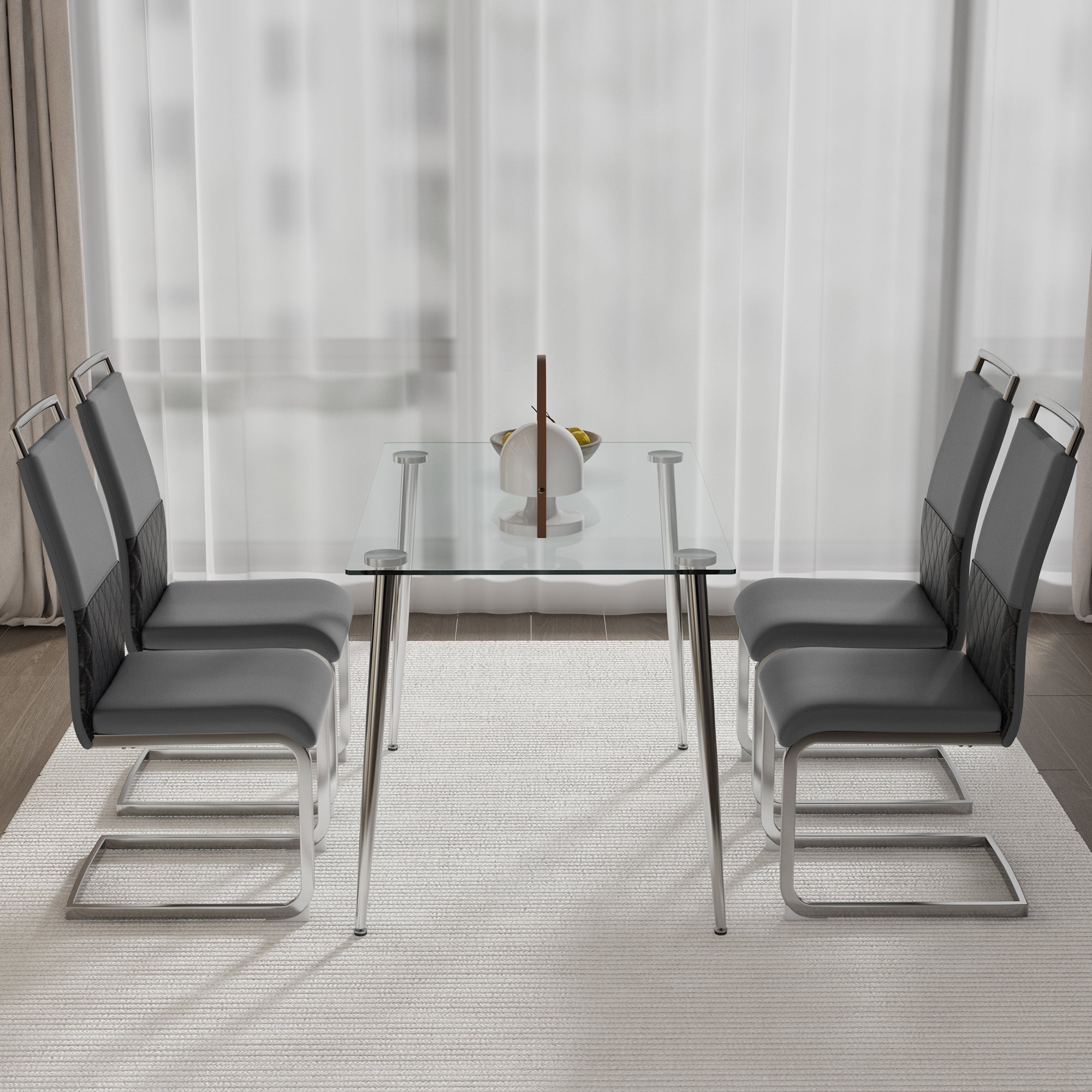 Glass Dining table and Chair Set with 4 Grey Middle Grid Dining Chairs and 1 Dining Table_3