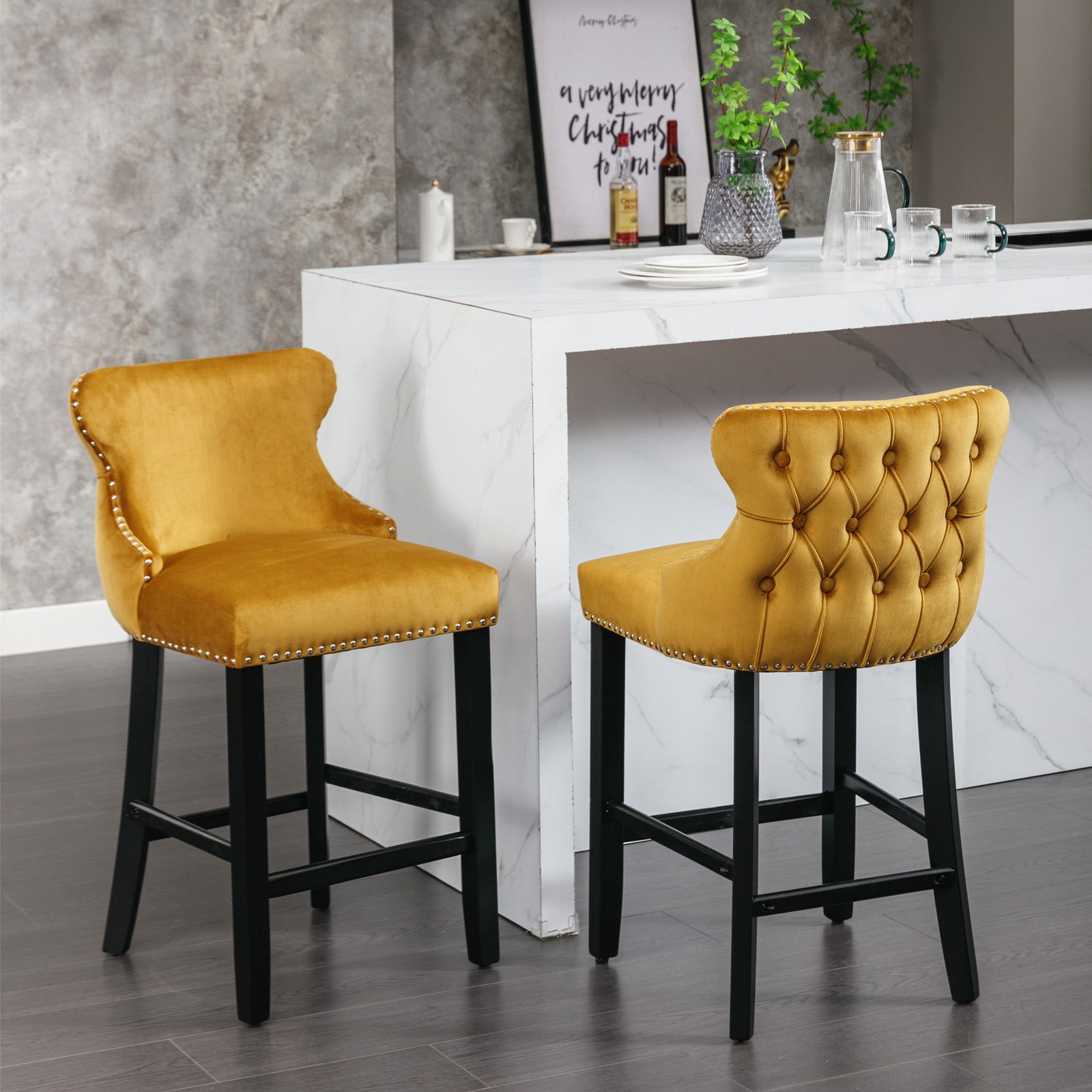 2pcs Chrome Accent Wingback Bar Stools Tufted Velvet with Nailhead and Black Legs- Gold, Black_14