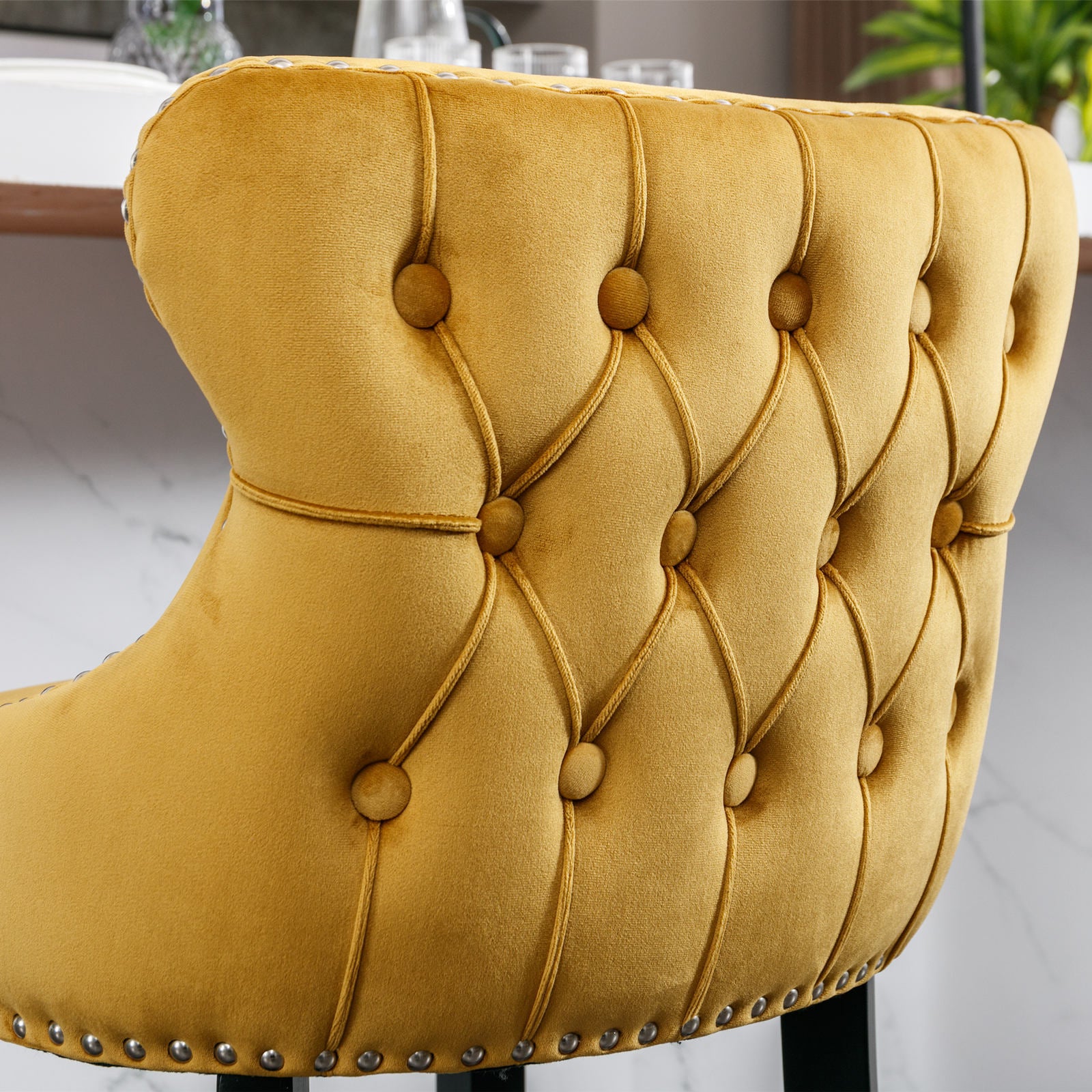2pcs Chrome Accent Wingback Bar Stools Tufted Velvet with Nailhead and Black Legs- Gold, Black_9