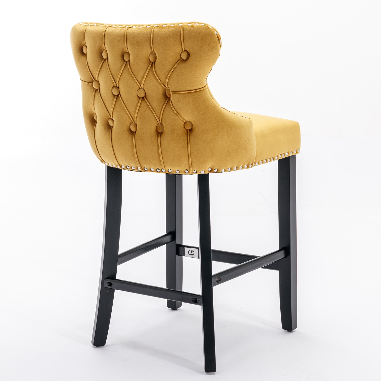 2pcs Chrome Accent Wingback Bar Stools Tufted Velvet with Nailhead and Black Legs- Gold, Black_5