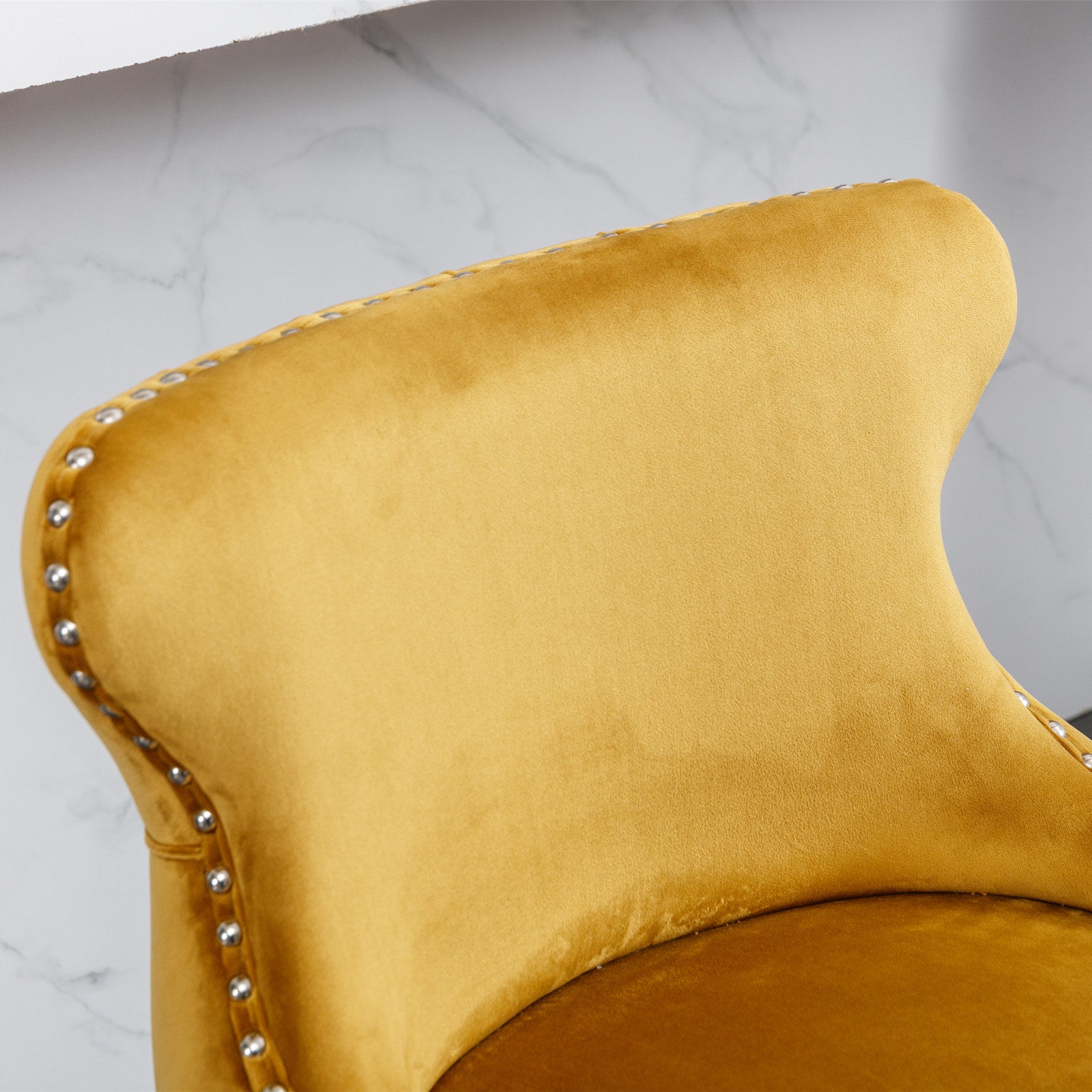 2pcs Chrome Accent Wingback Bar Stools Tufted Velvet with Nailhead and Black Legs- Gold, Black_8