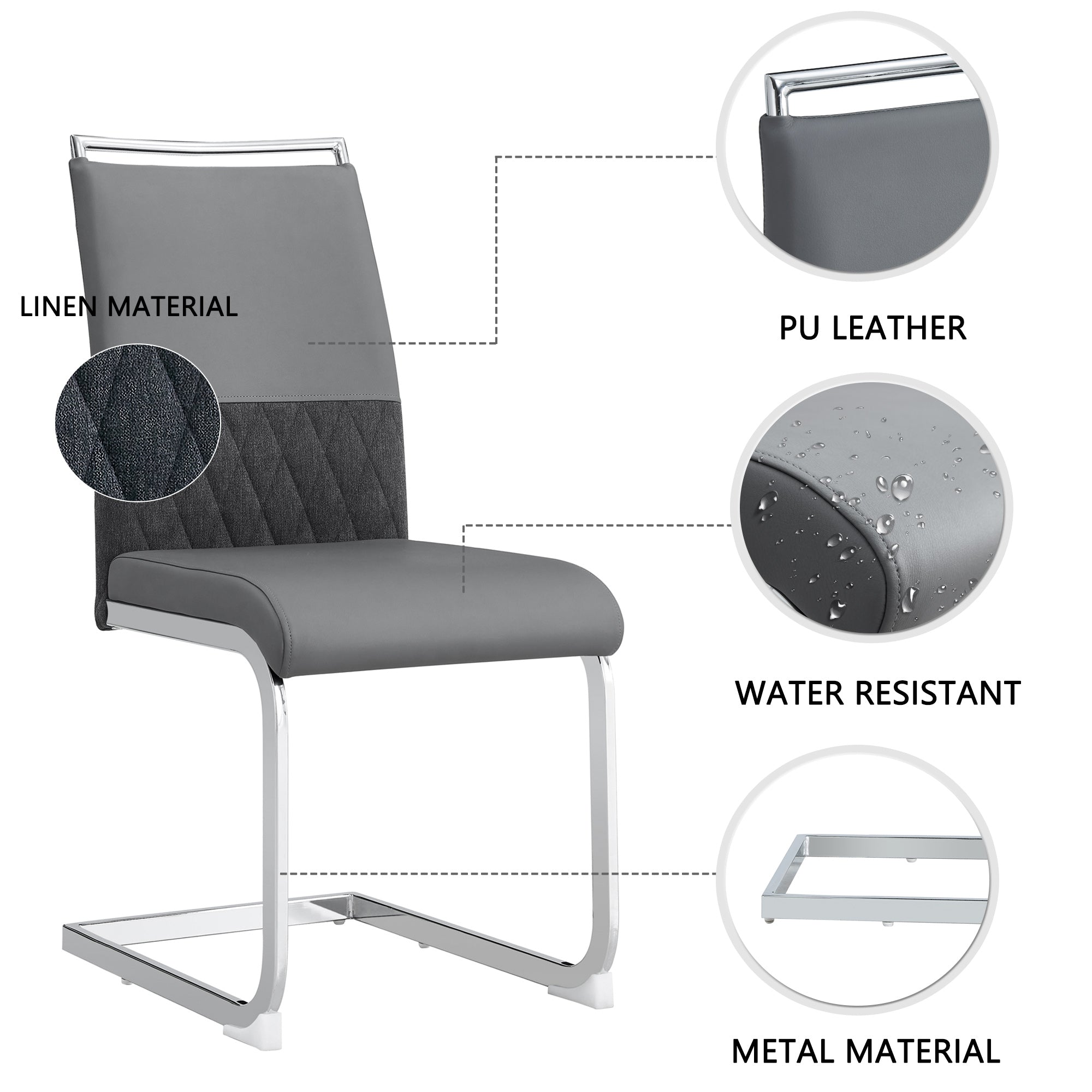 Glass Dining table and Chair Set with 4 Grey Middle Grid Dining Chairs and 1 Dining Table_17