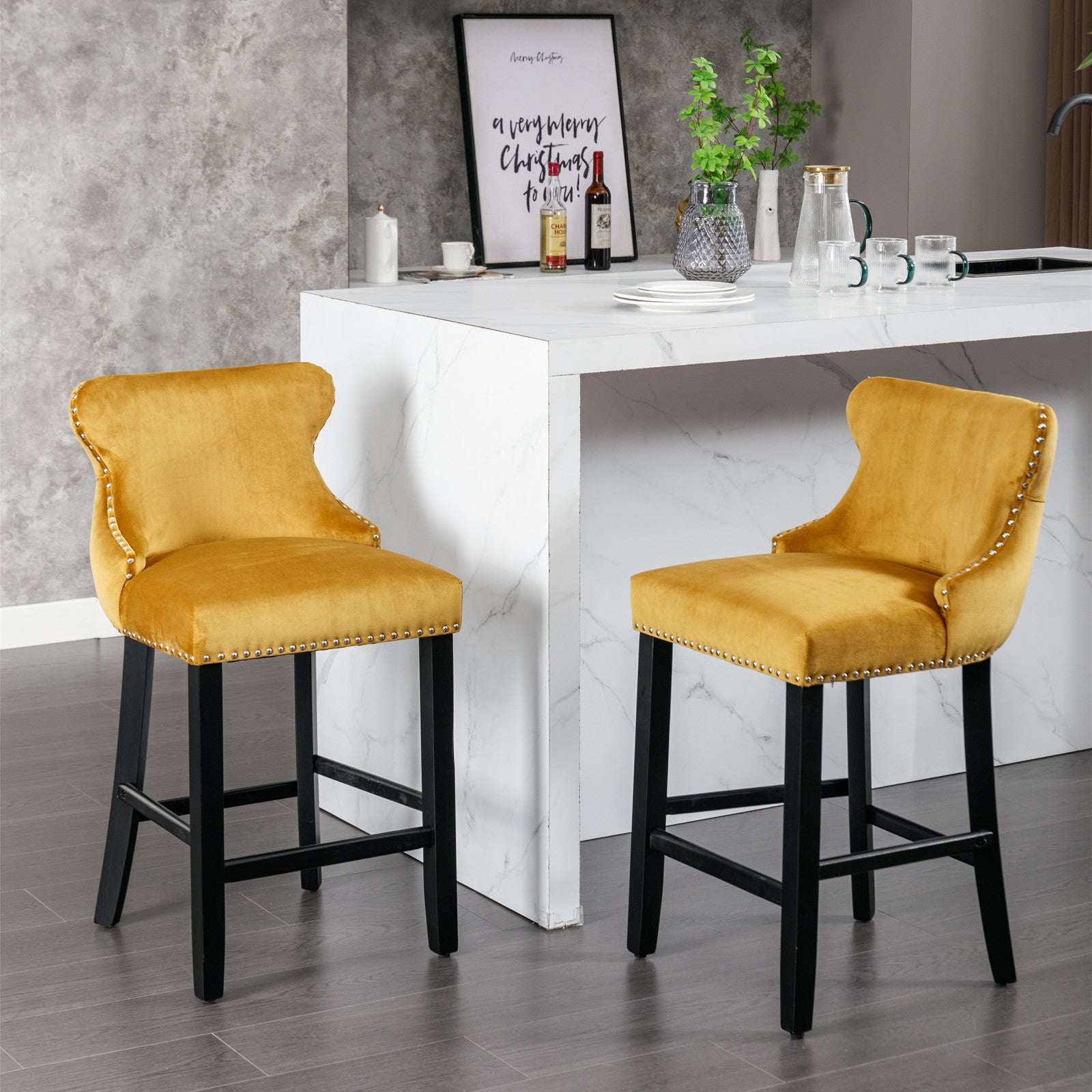2pcs Chrome Accent Wingback Bar Stools Tufted Velvet with Nailhead and Black Legs- Gold, Black_15