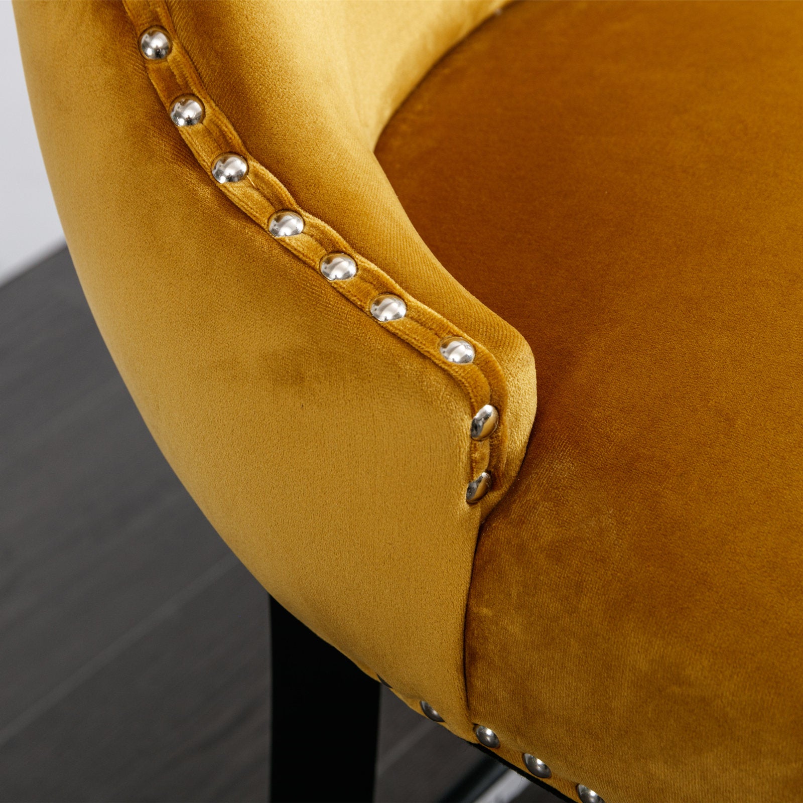 2pcs Chrome Accent Wingback Bar Stools Tufted Velvet with Nailhead and Black Legs- Gold, Black_11