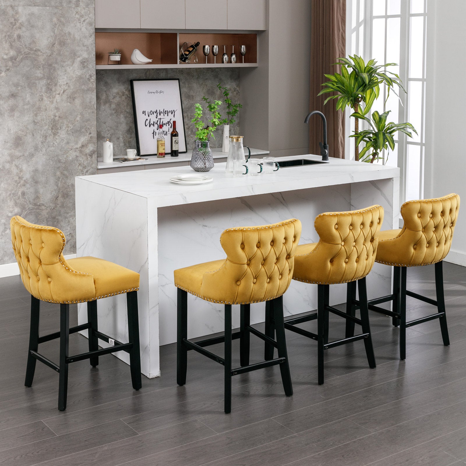 2pcs Chrome Accent Wingback Bar Stools Tufted Velvet with Nailhead and Black Legs- Gold, Black_1
