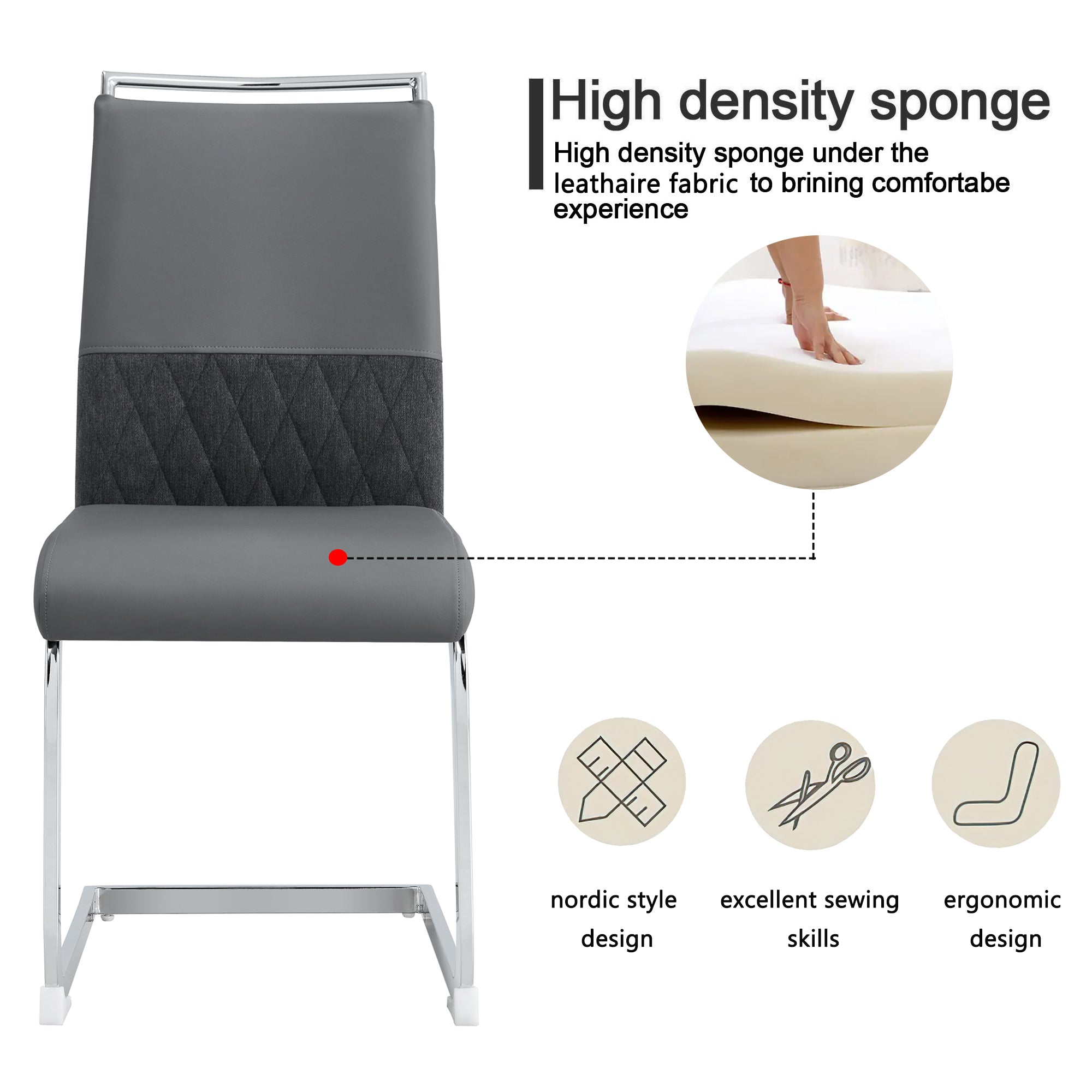 Glass Dining table and Chair Set with 4 Grey Middle Grid Dining Chairs and 1 Dining Table_15