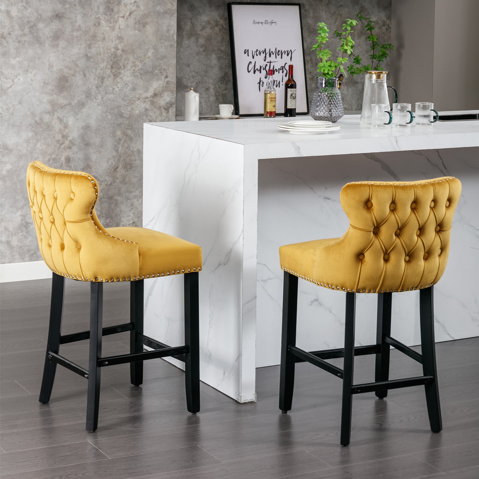 2pcs Chrome Accent Wingback Bar Stools Tufted Velvet with Nailhead and Black Legs- Gold, Black_16