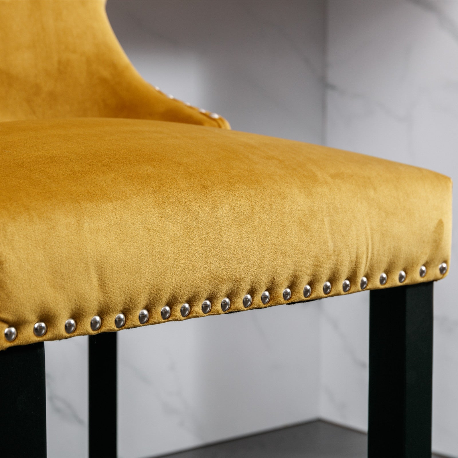 2pcs Chrome Accent Wingback Bar Stools Tufted Velvet with Nailhead and Black Legs- Gold, Black_12
