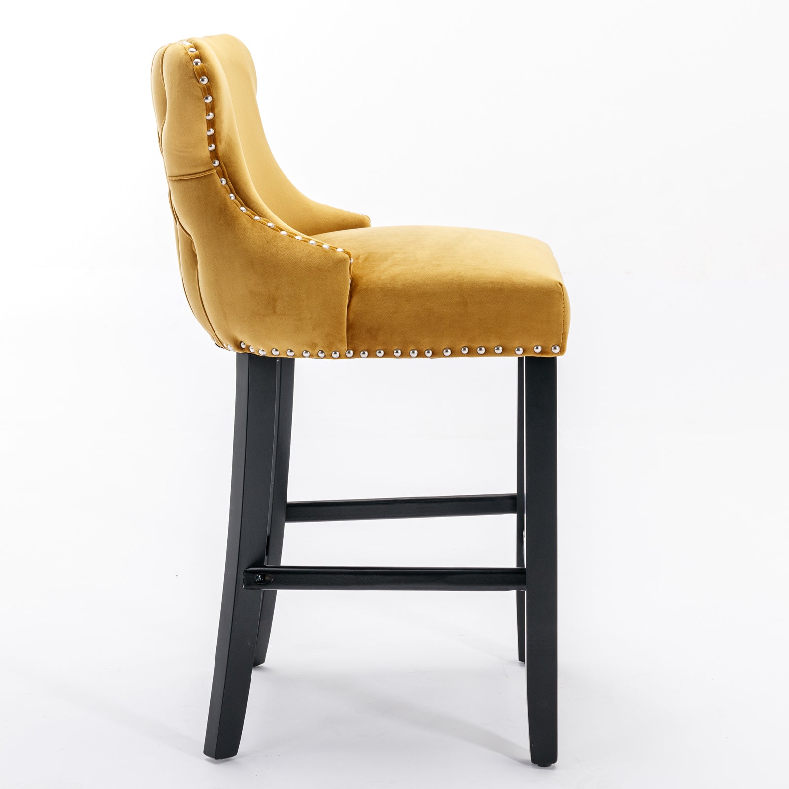 2pcs Chrome Accent Wingback Bar Stools Tufted Velvet with Nailhead and Black Legs- Gold, Black_4