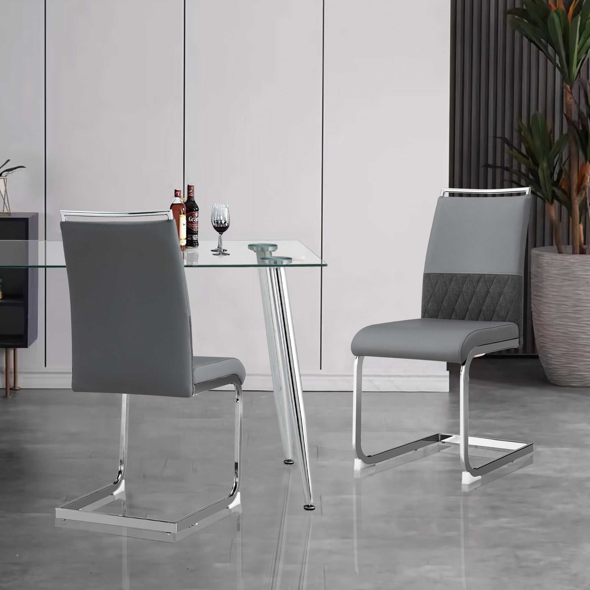 Glass Dining table and Chair Set with 4 Grey Middle Grid Dining Chairs and 1 Dining Table_5