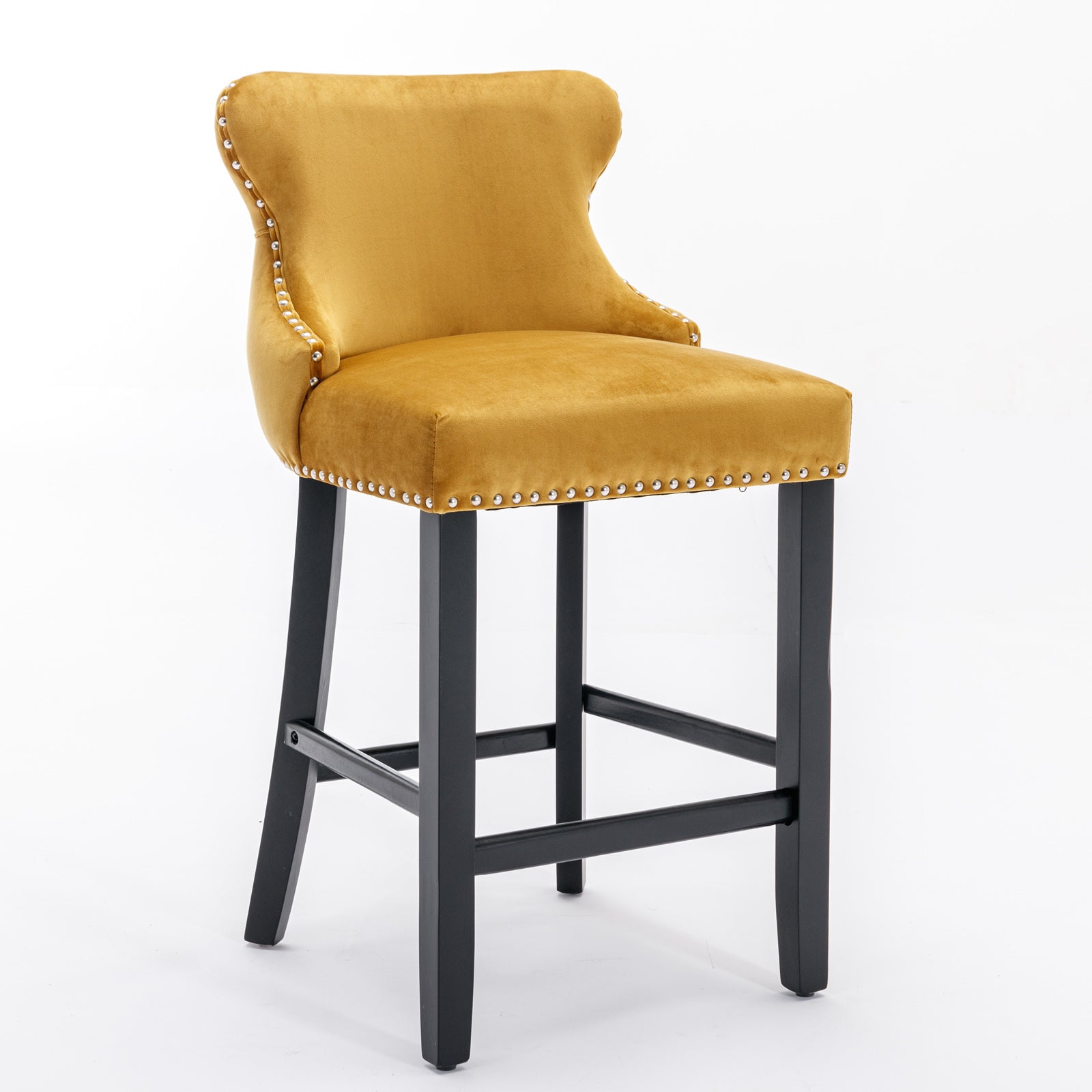 2pcs Chrome Accent Wingback Bar Stools Tufted Velvet with Nailhead and Black Legs- Gold, Black_3