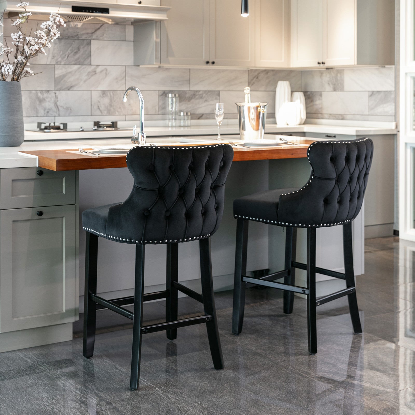 2pcs Chrome Accent Wingback Bar Stools Tufted Velvet with Nailhead and Black Legs- Full Black_17