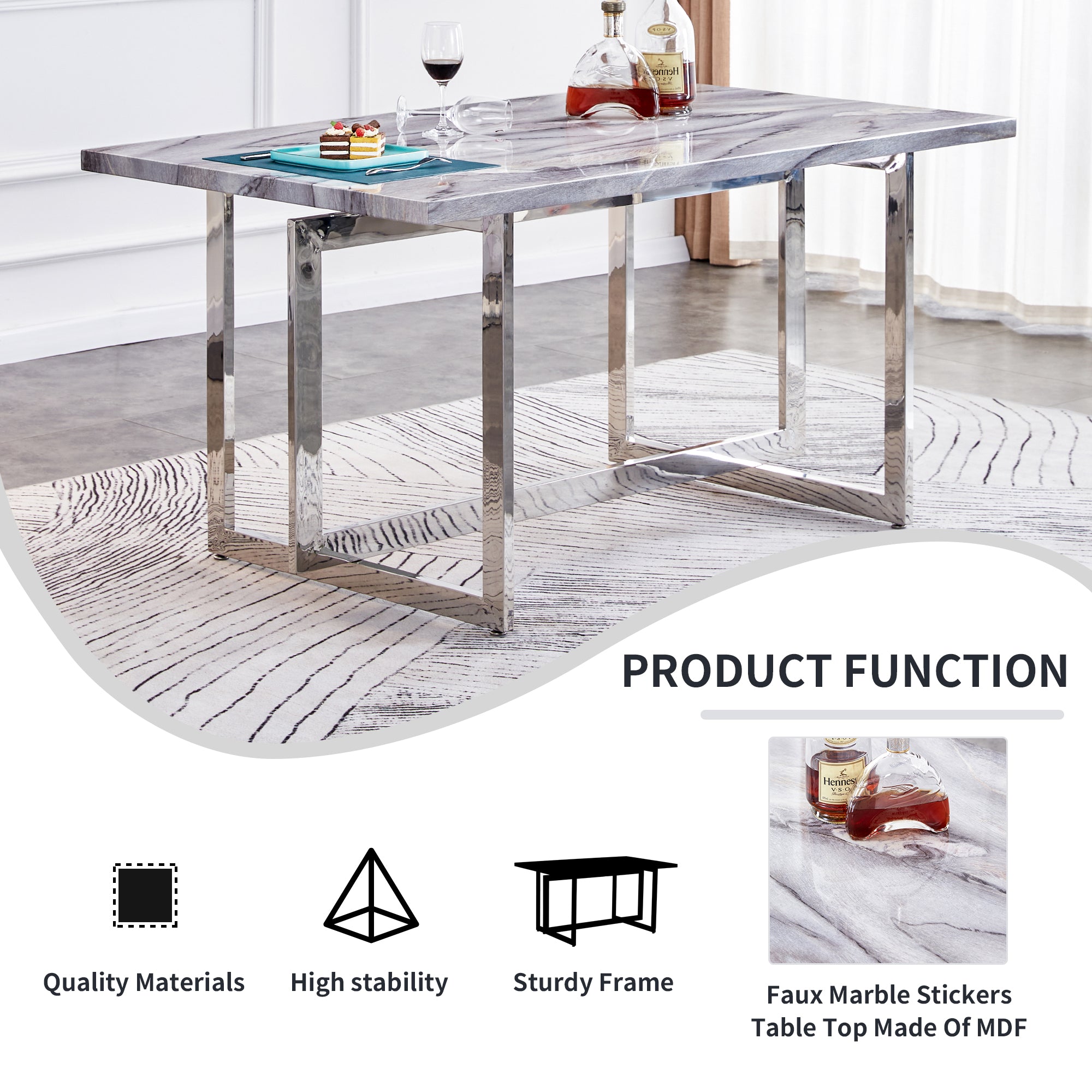 Rectangular Marble Dining Table with Faux Marble Top and Gray U-Shape Base_22