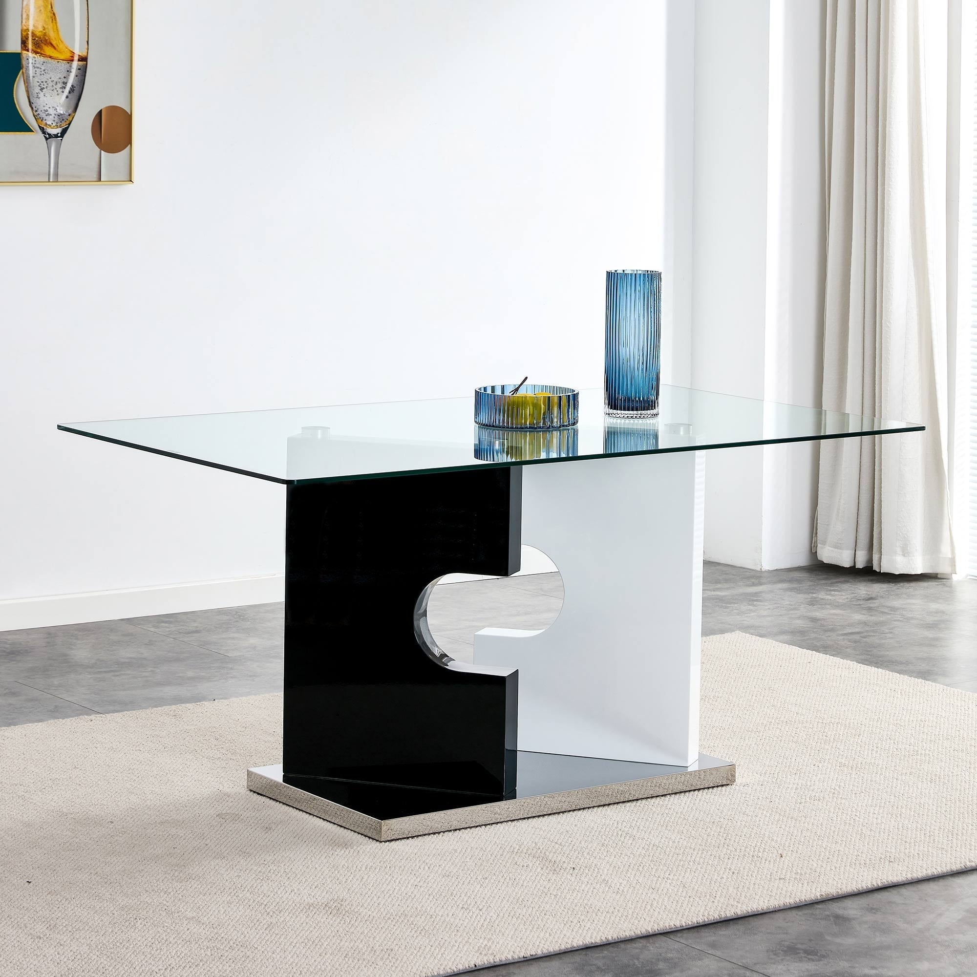 6-8  Large Modern Minimalist Rectangular Glass Dining Table with Special-Shaped Bracket_1