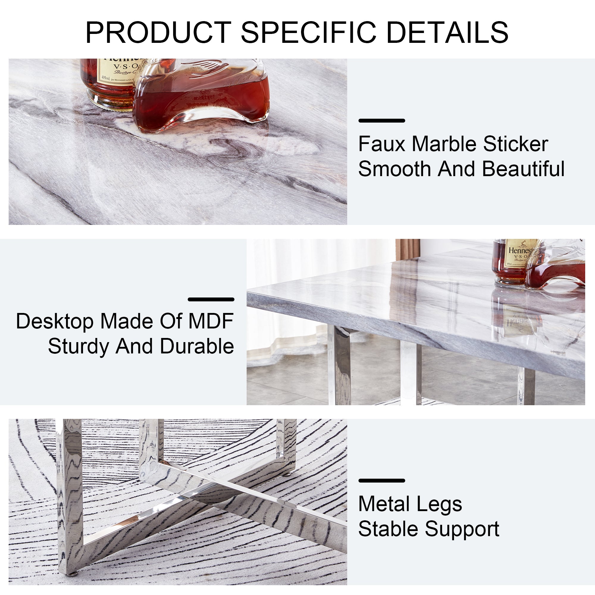 Rectangular Marble Dining Table with Faux Marble Top and Gray U-Shape Base_21