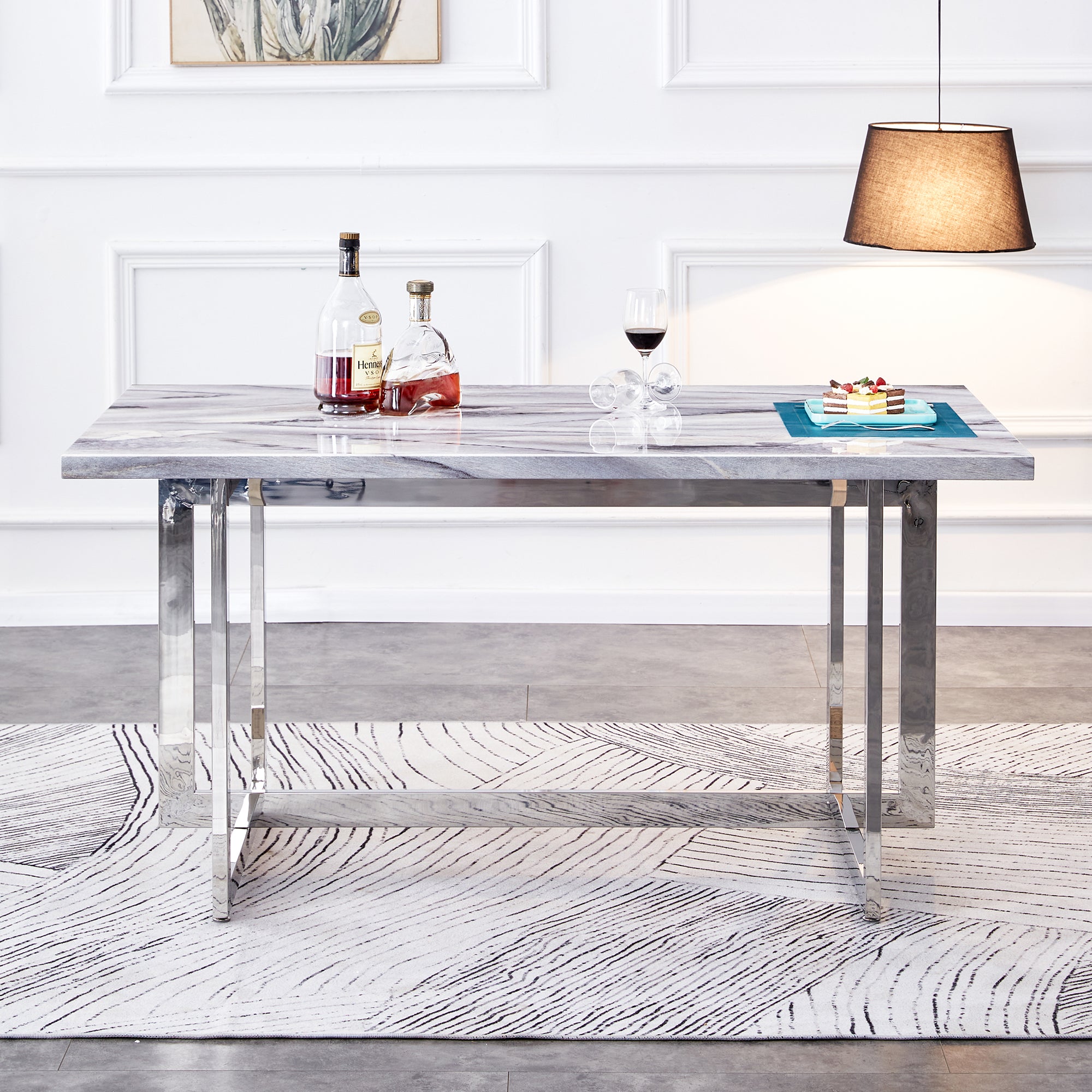 Rectangular Marble Dining Table with Faux Marble Top and Gray U-Shape Base_3