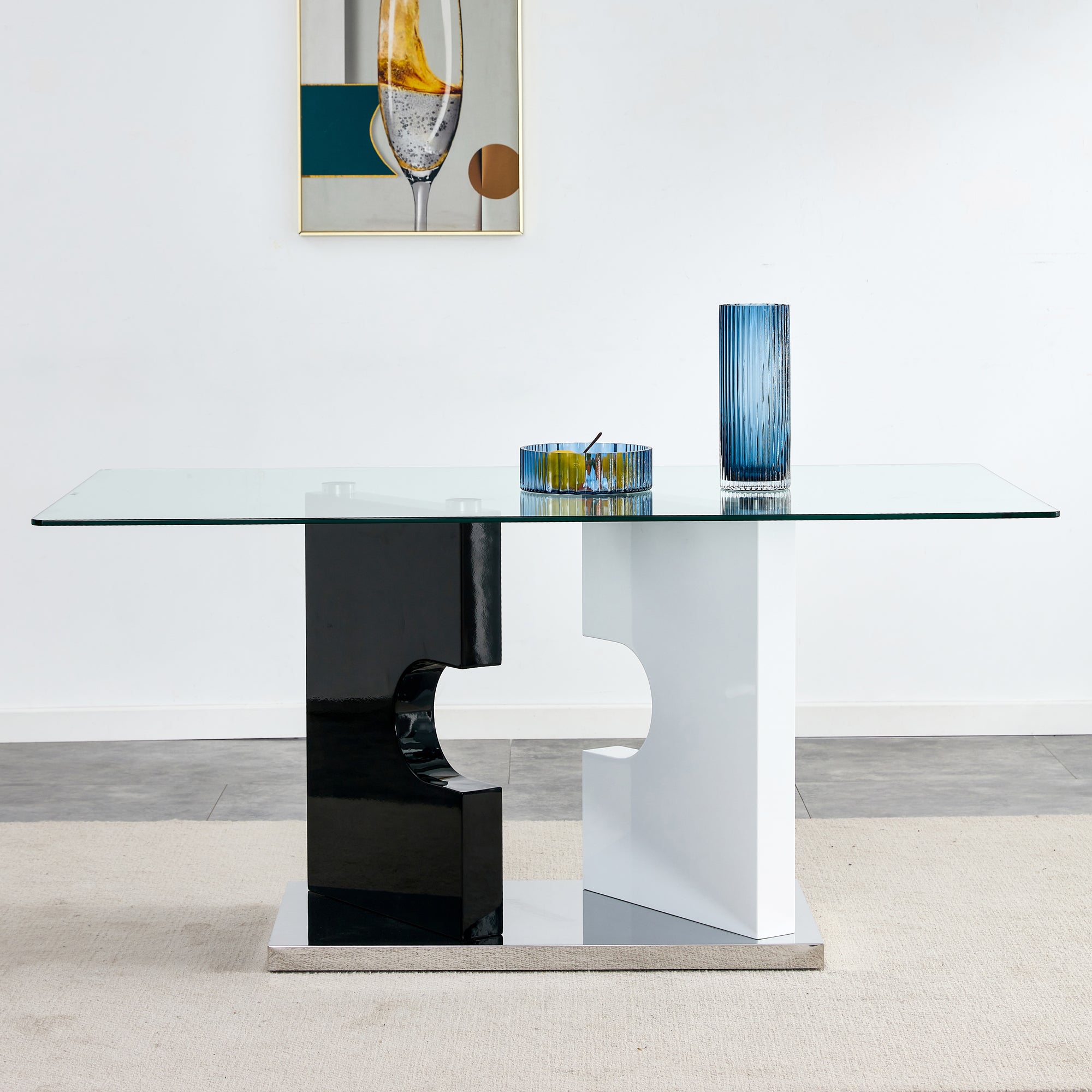 6-8  Large Modern Minimalist Rectangular Glass Dining Table with Special-Shaped Bracket_2