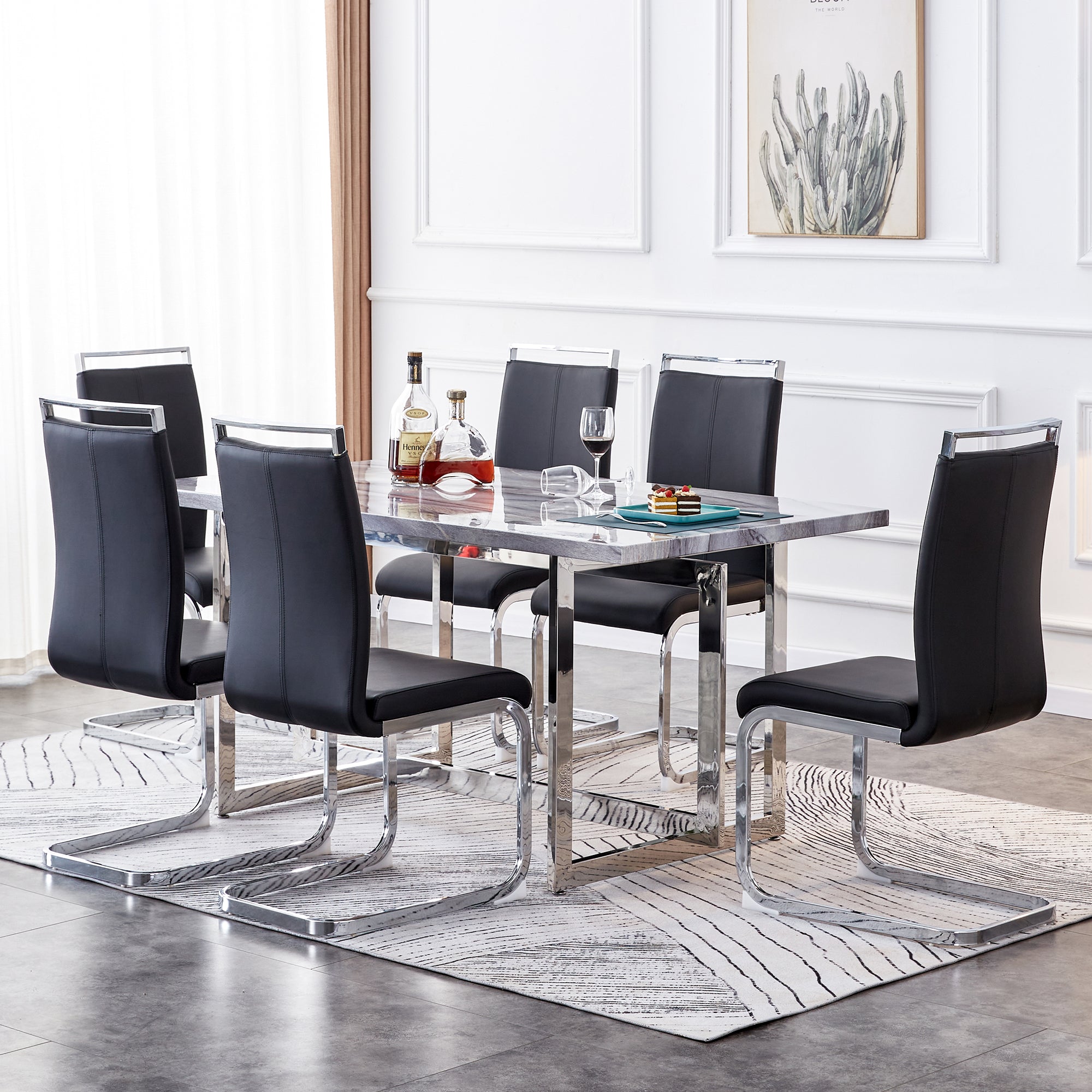 Rectangular Marble Dining Table with Faux Marble Top and Gray U-Shape Base_5