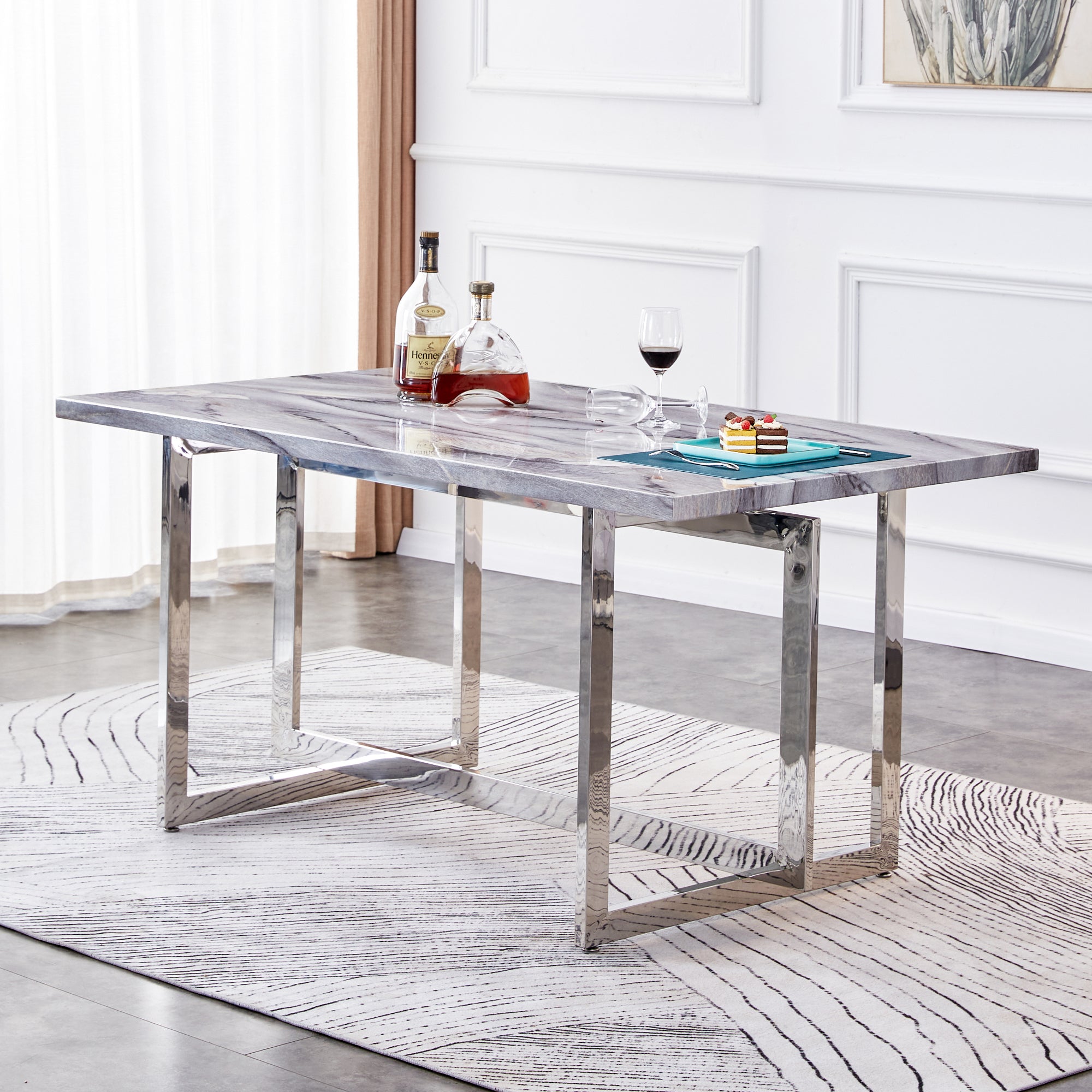Rectangular Marble Dining Table with Faux Marble Top and Gray U-Shape Base_2