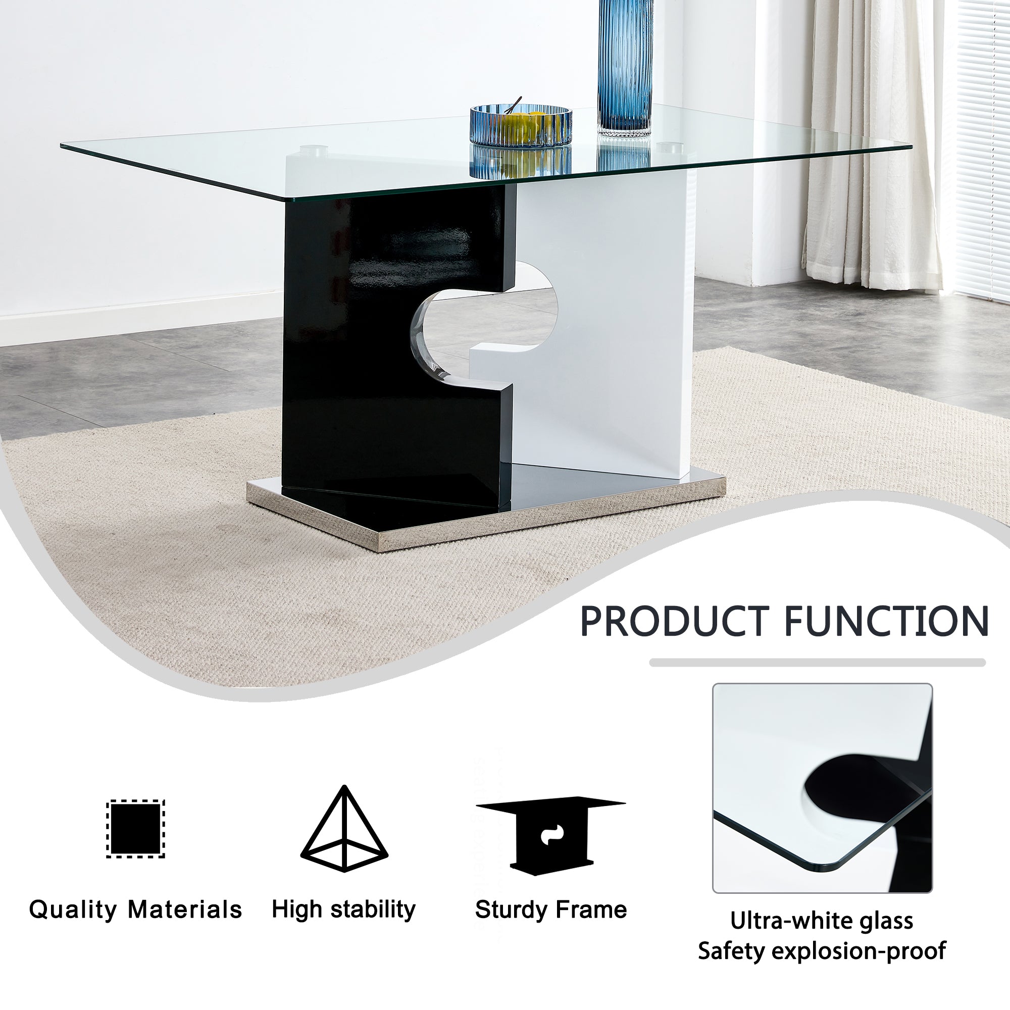 6-8  Large Modern Minimalist Rectangular Glass Dining Table with Special-Shaped Bracket_23