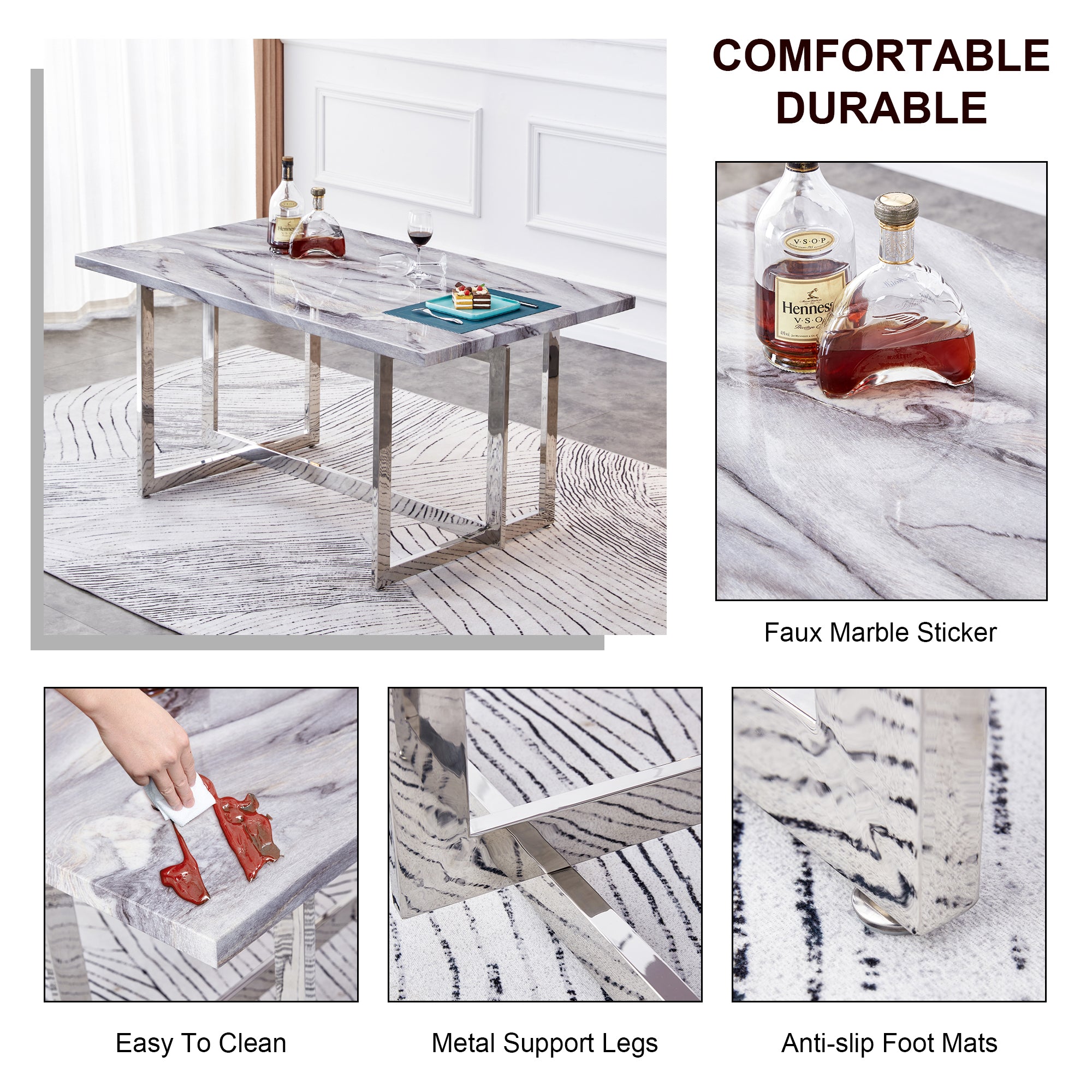 Rectangular Marble Dining Table with Faux Marble Top and Gray U-Shape Base_20