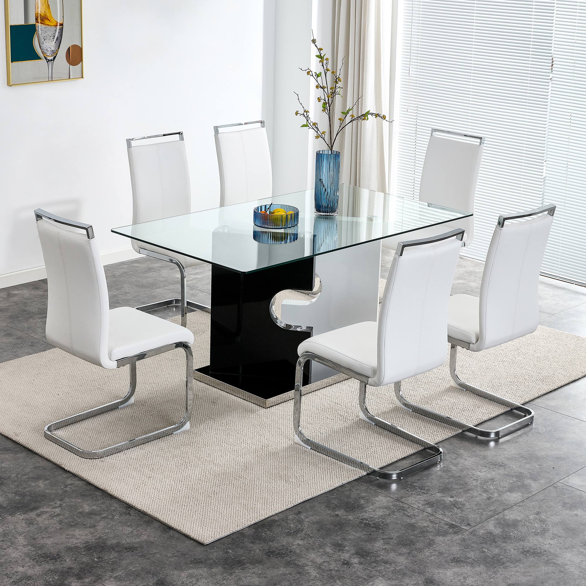 6-8  Large Modern Minimalist Rectangular Glass Dining Table with Special-Shaped Bracket_7