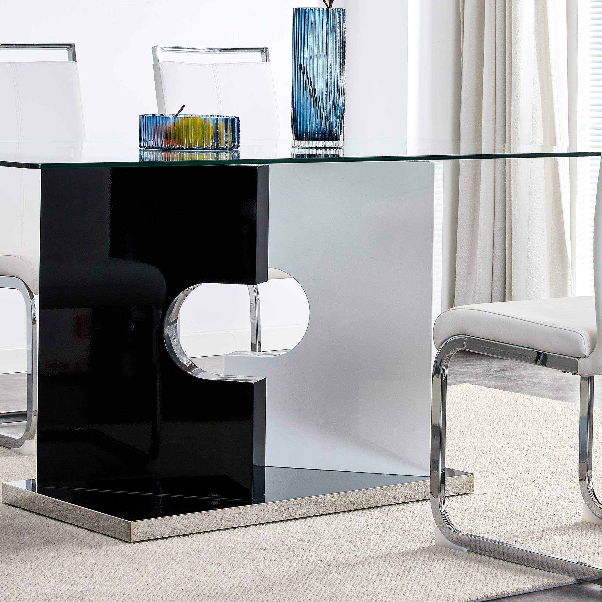 6-8  Large Modern Minimalist Rectangular Glass Dining Table with Special-Shaped Bracket_6