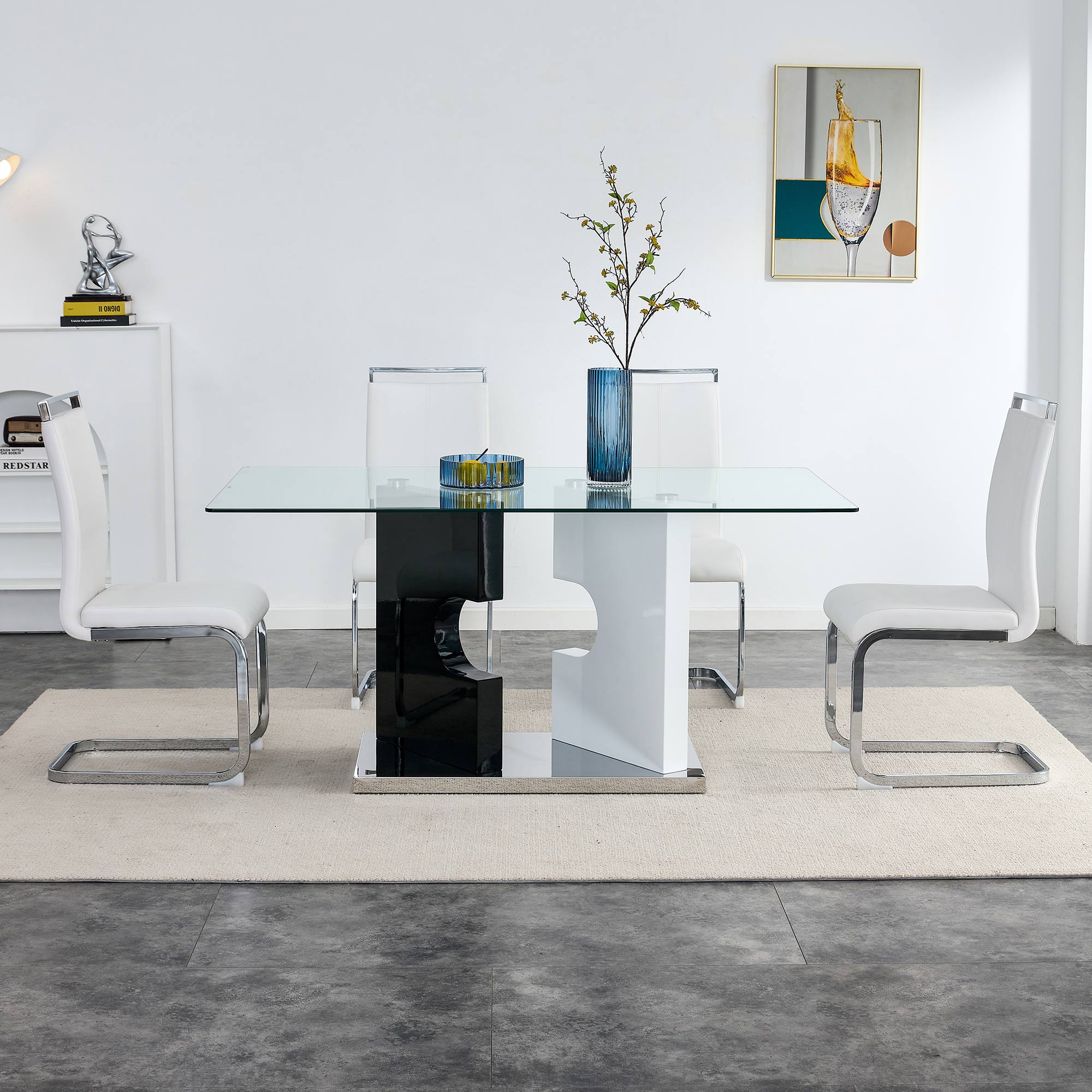 6-8  Large Modern Minimalist Rectangular Glass Dining Table with Special-Shaped Bracket_8
