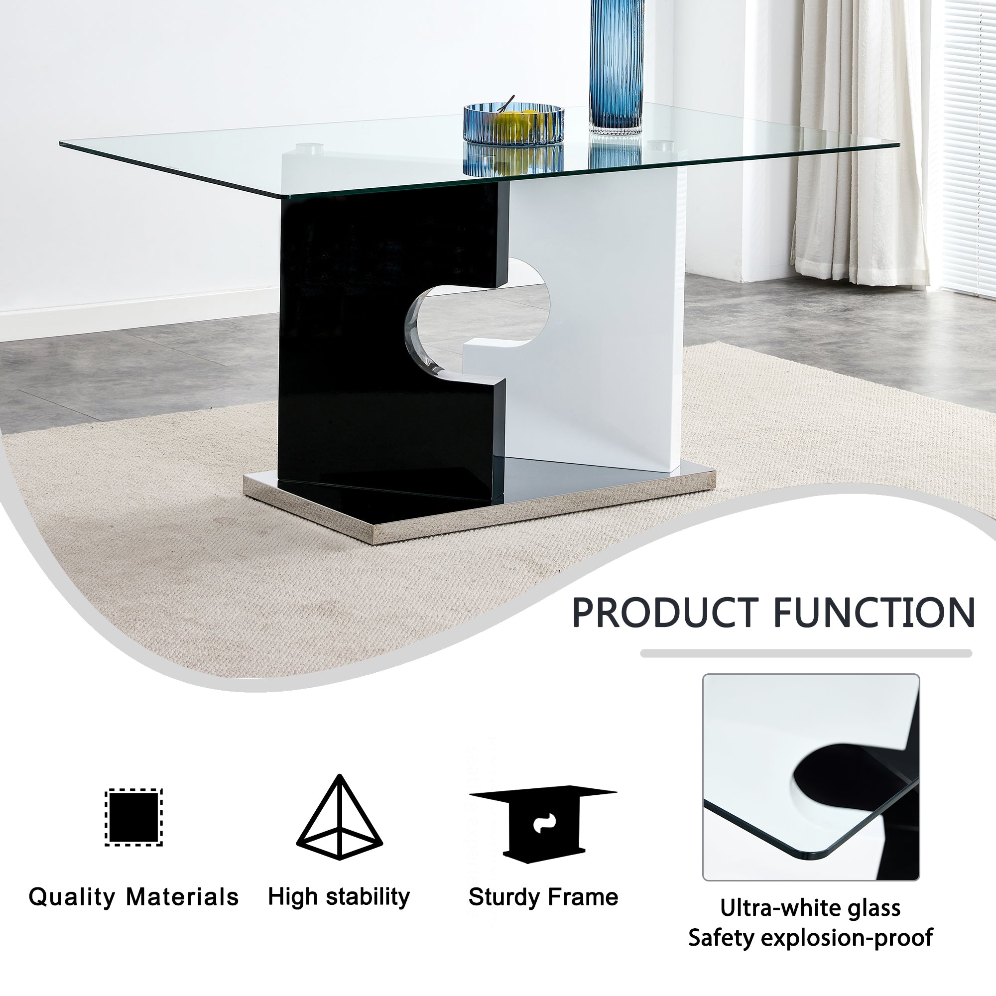 6-8  Large Modern Minimalist Rectangular Glass Dining Table with Special-Shaped Bracket_24