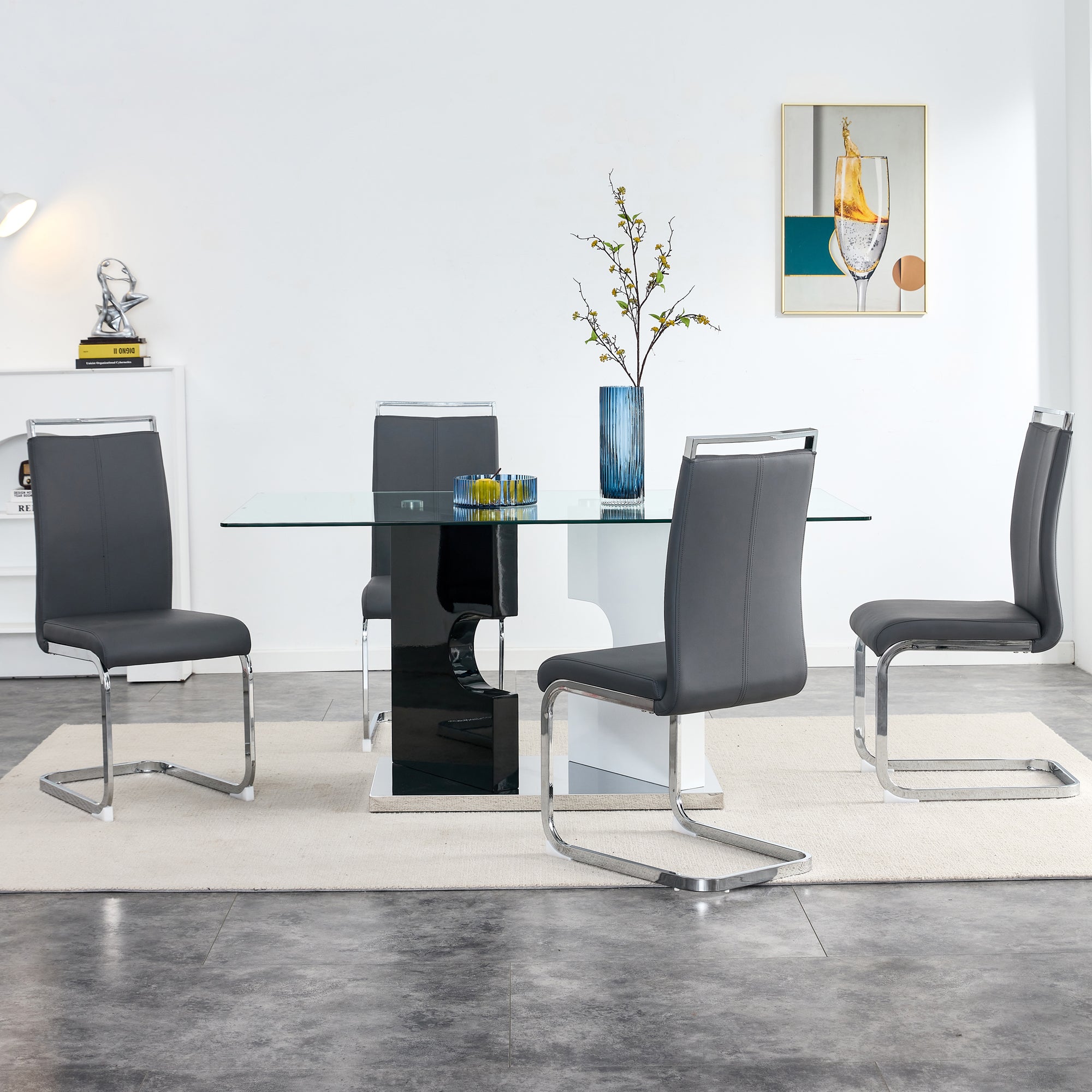 6-8  Large Modern Minimalist Rectangular Glass Dining Table with Special-Shaped Bracket_5