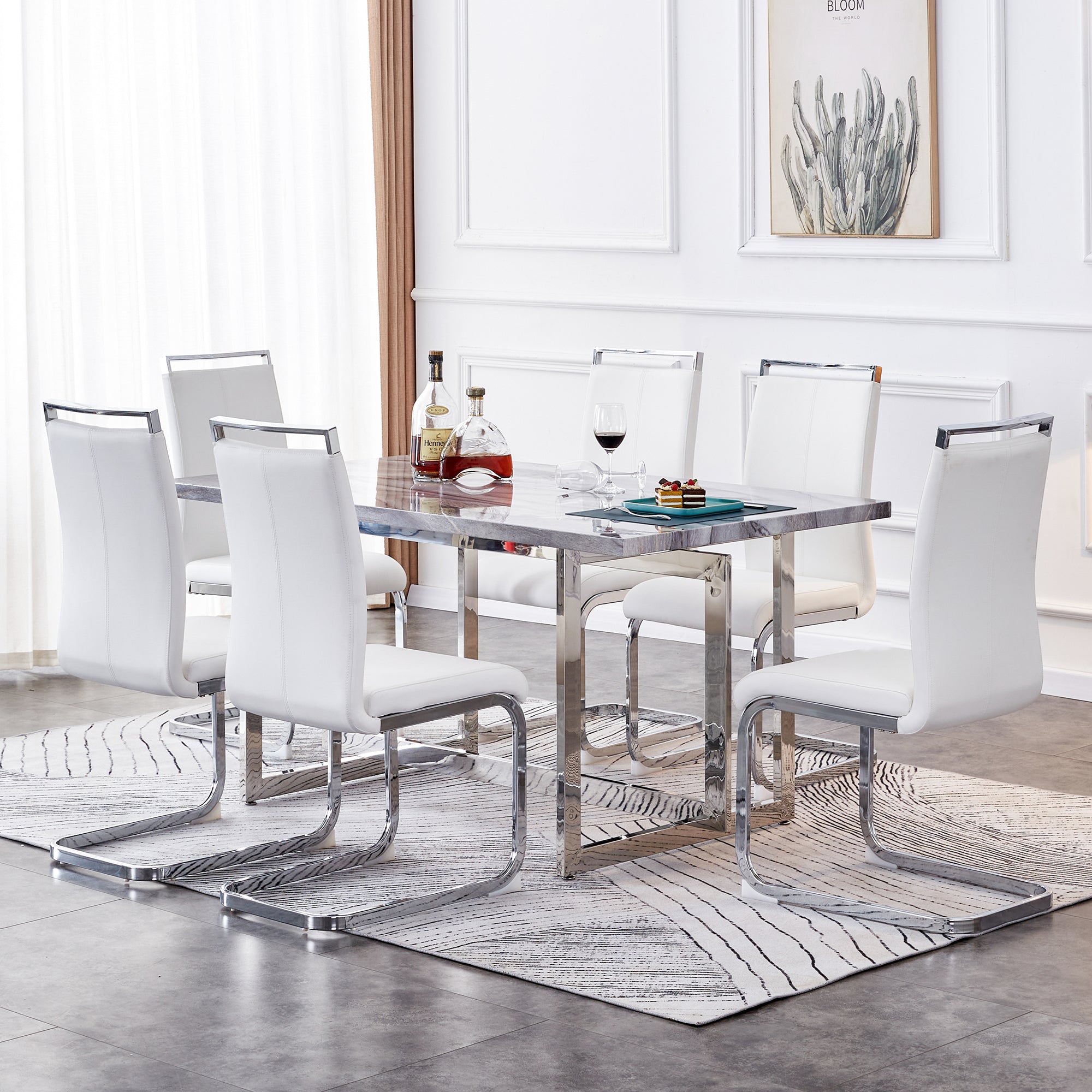 Rectangular Marble Dining Table with Faux Marble Top and Gray U-Shape Base_6